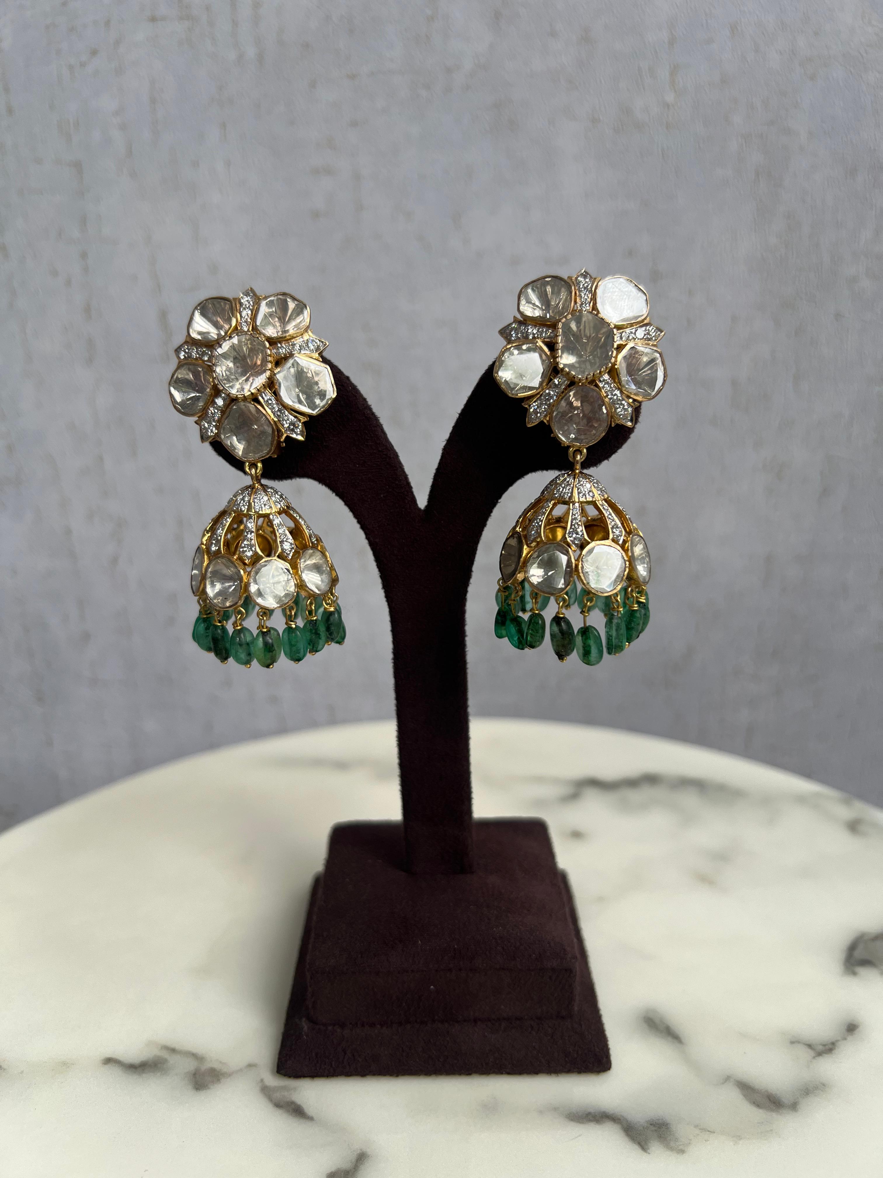 Classy Statement  Polki jumkies with Emerald drops