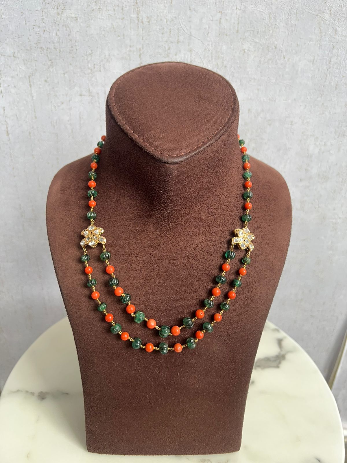 Polki Chain with Coral and Emerald Beads