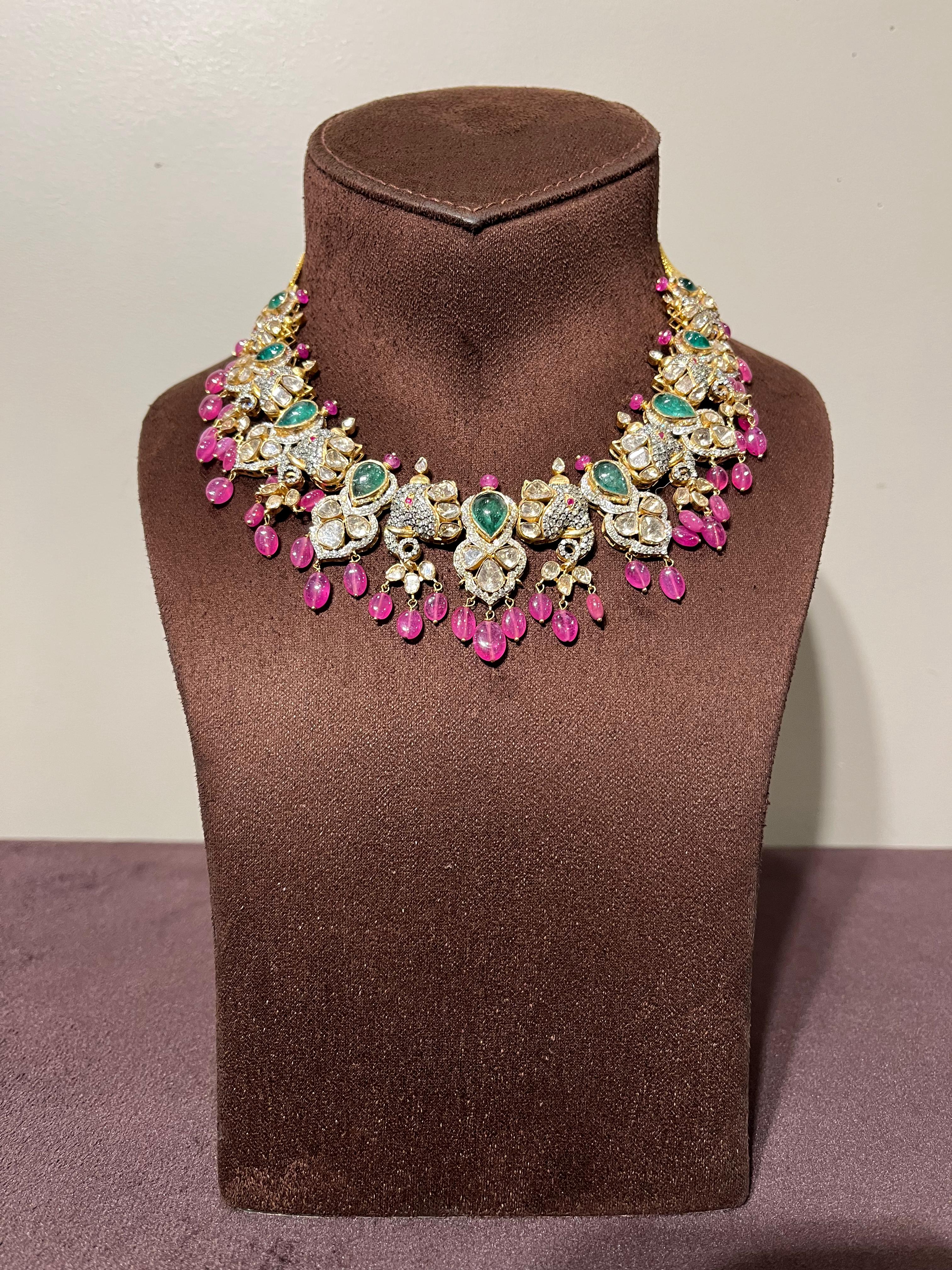 Elephant Motif Polki Necklace Studded With Emerald and Ruby Beads