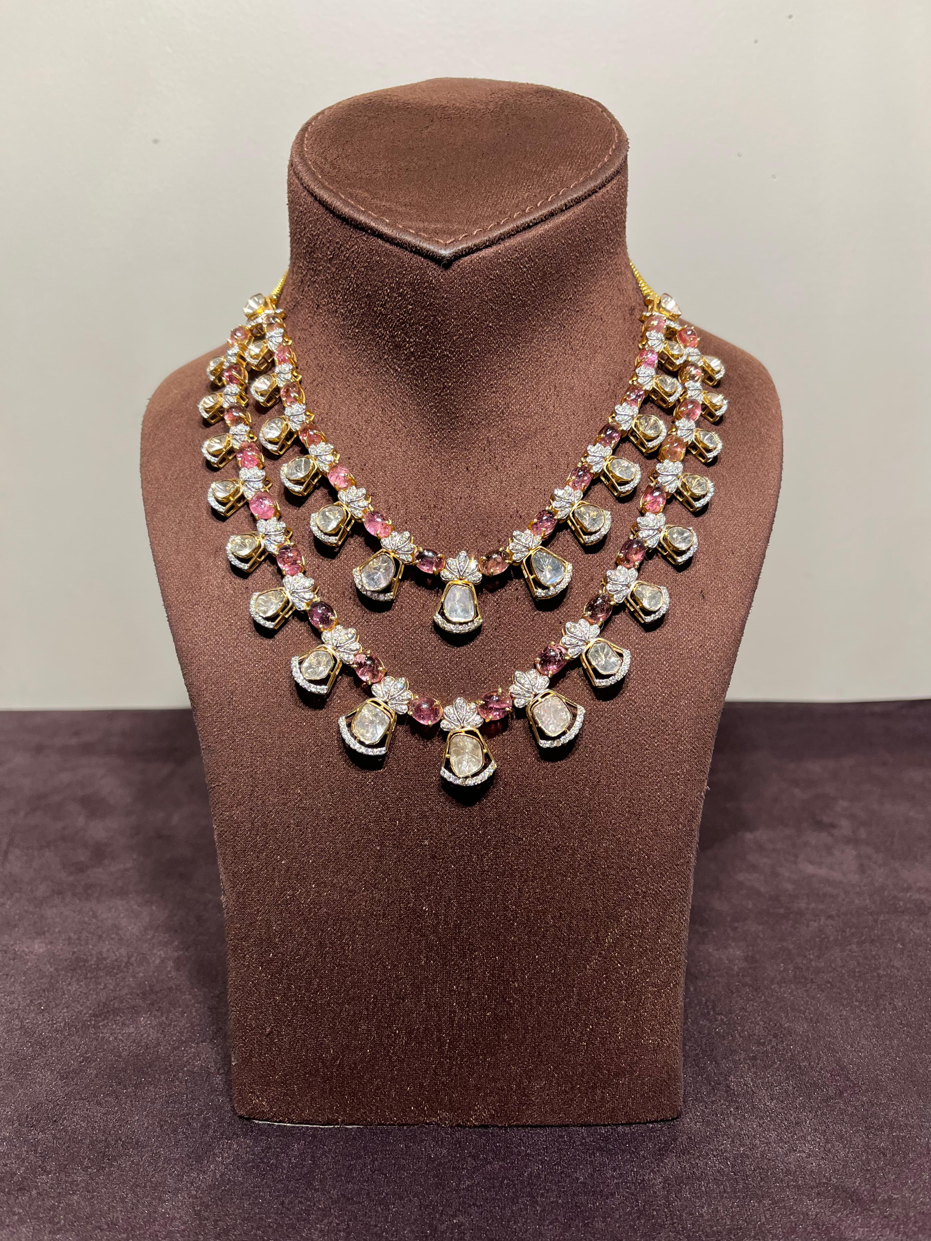 Dazziling two row polki necklace with Tourmalines