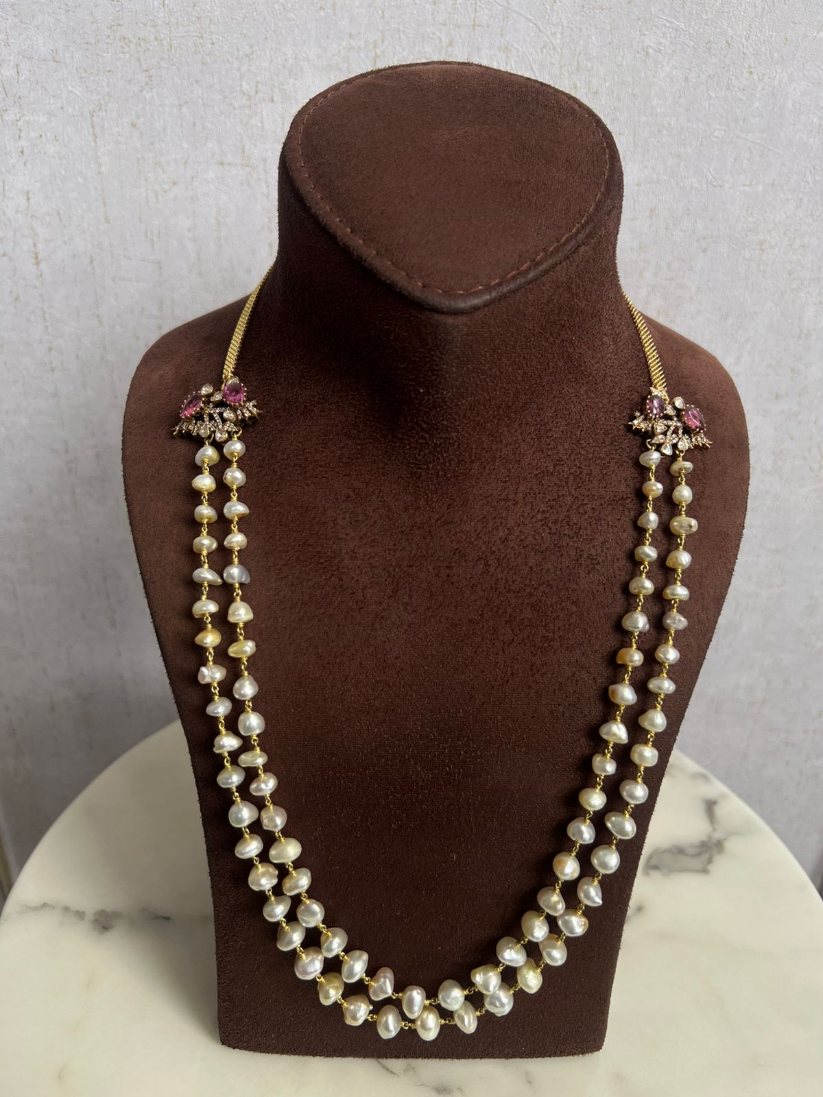 Unisex 2 rows KC pearl mala with bird side pieces