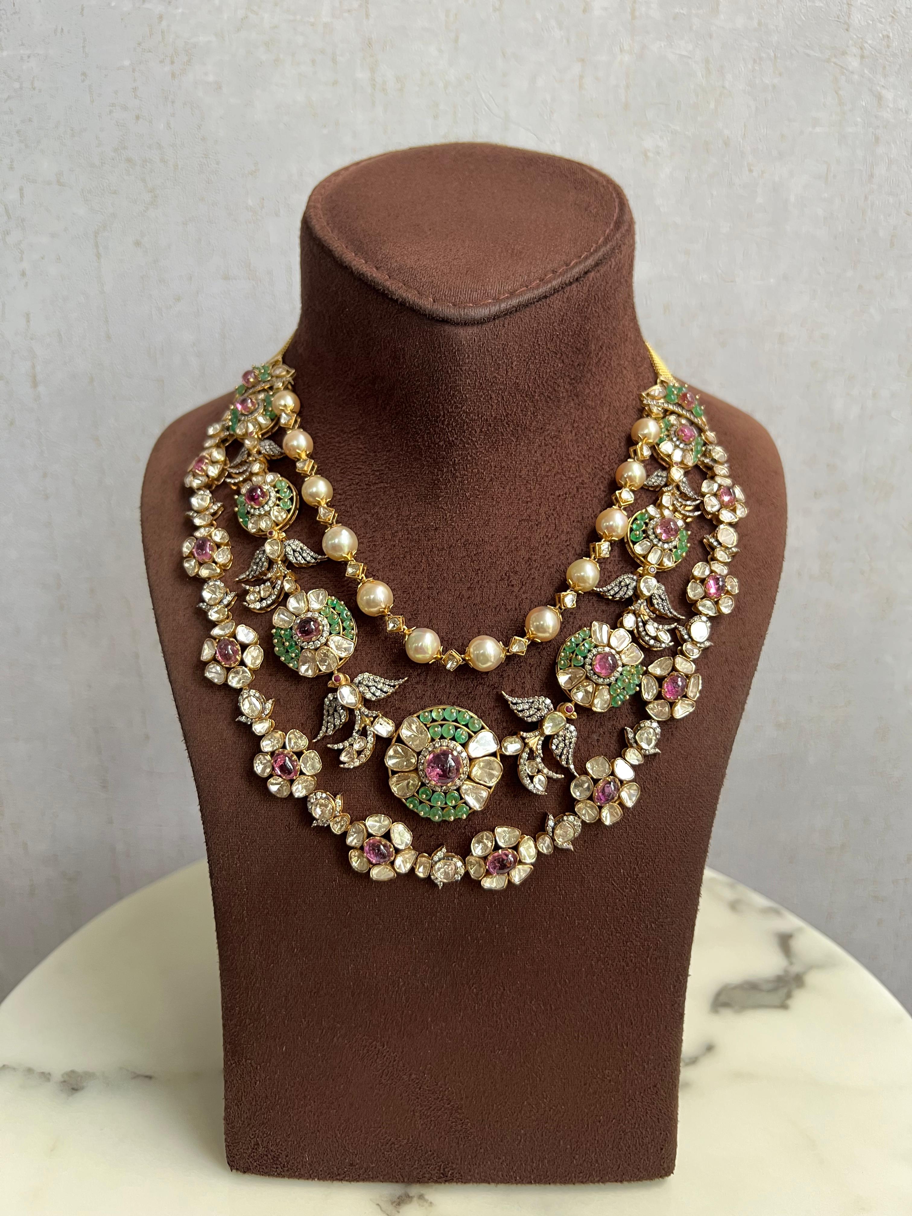Delightful Polki Necklace with Tourmaline and Bangkok Ruby