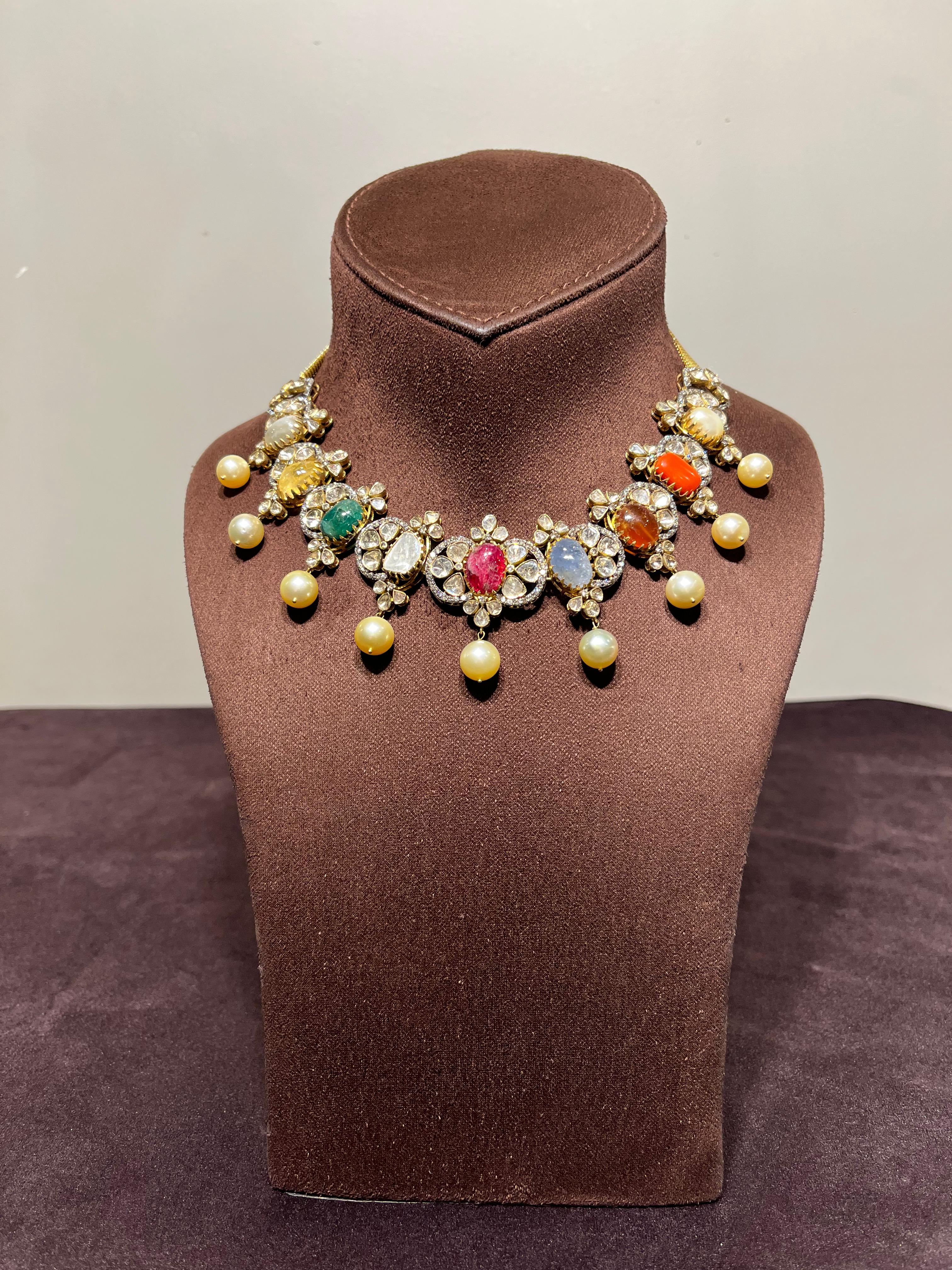Unique Navaratan Necklace with Pearl drop