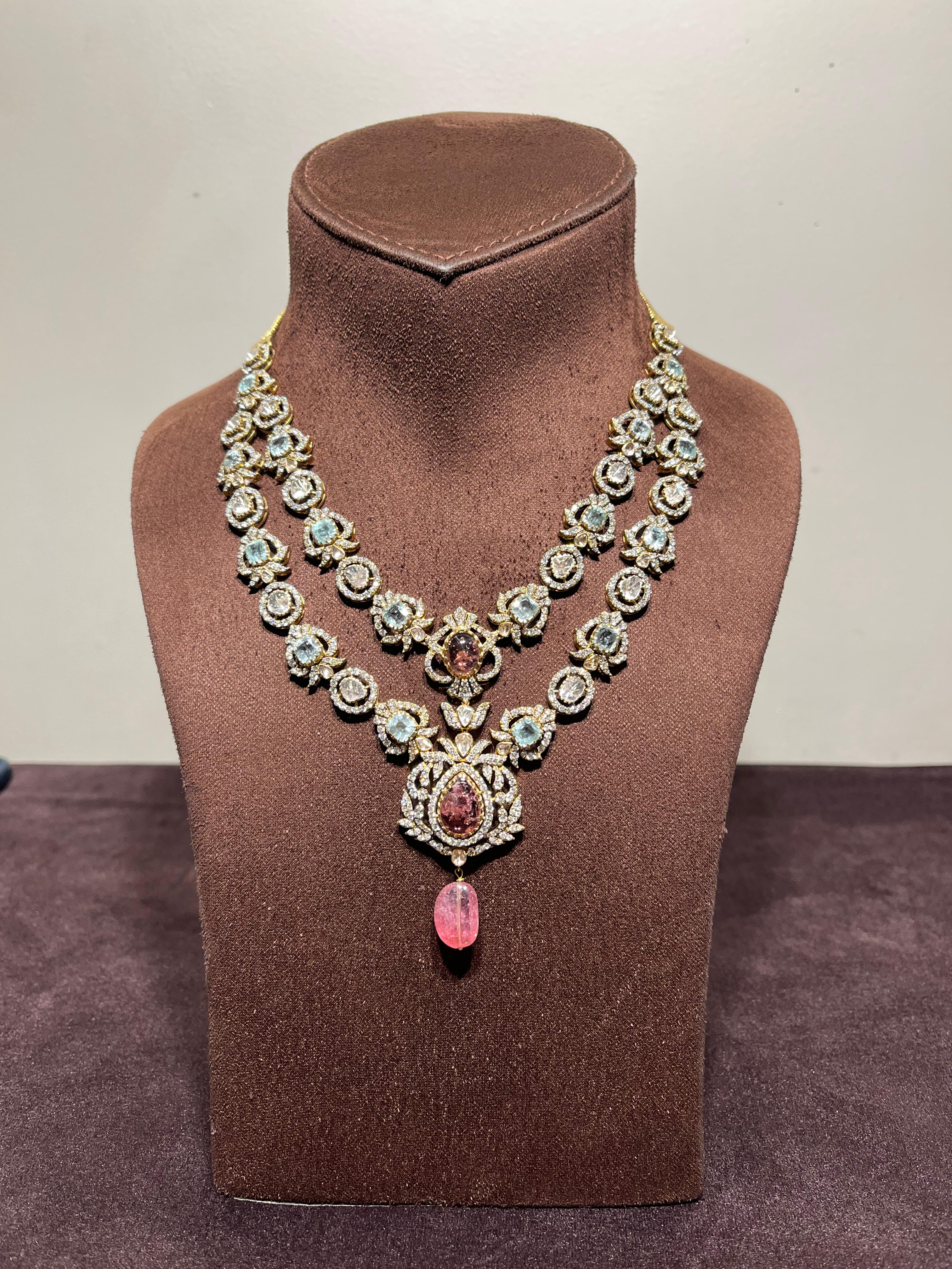Double layered Polki Necklace with Russian Emerald and Tourmalines