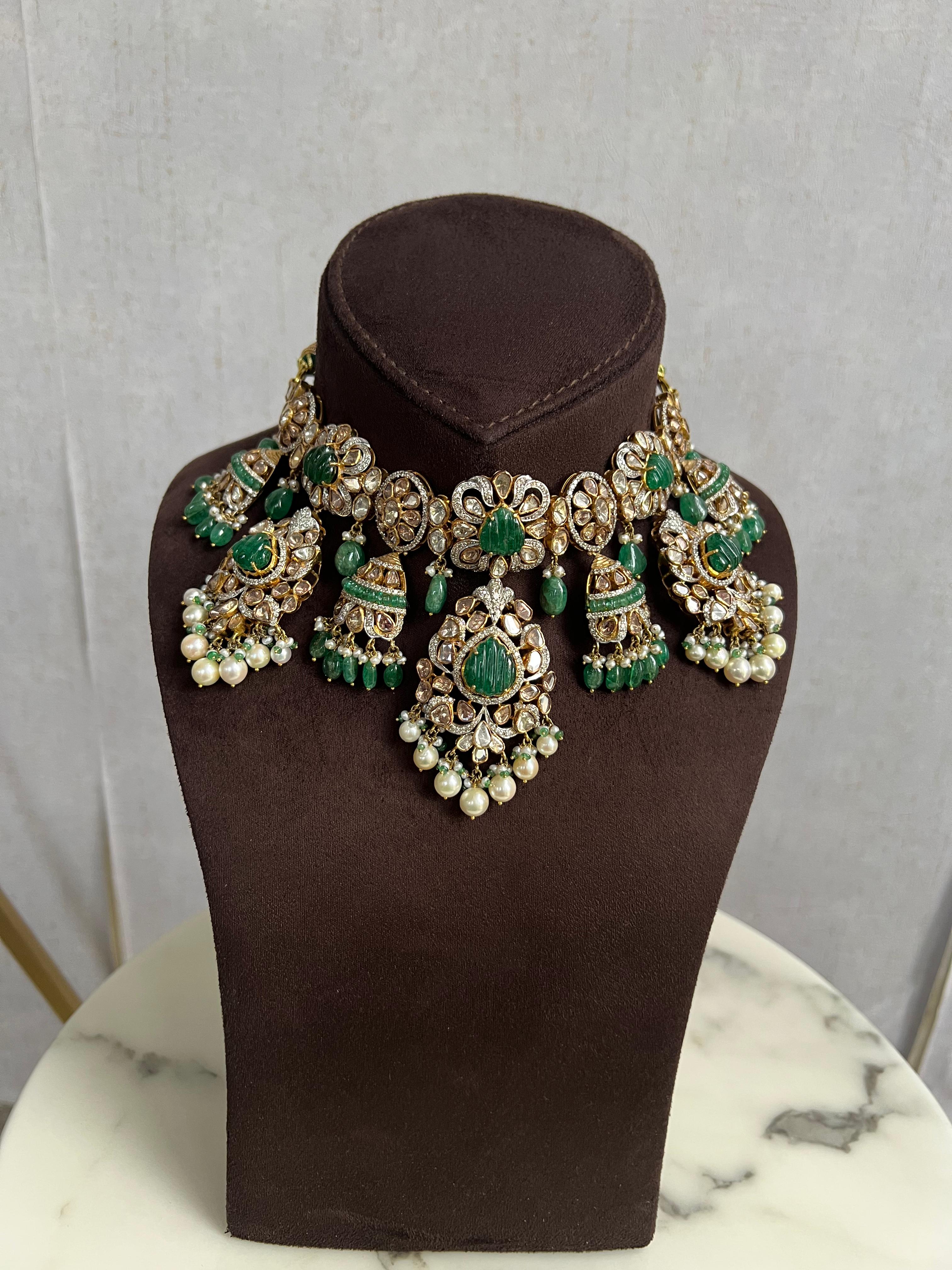 Polki Necklace with Carved Emerald