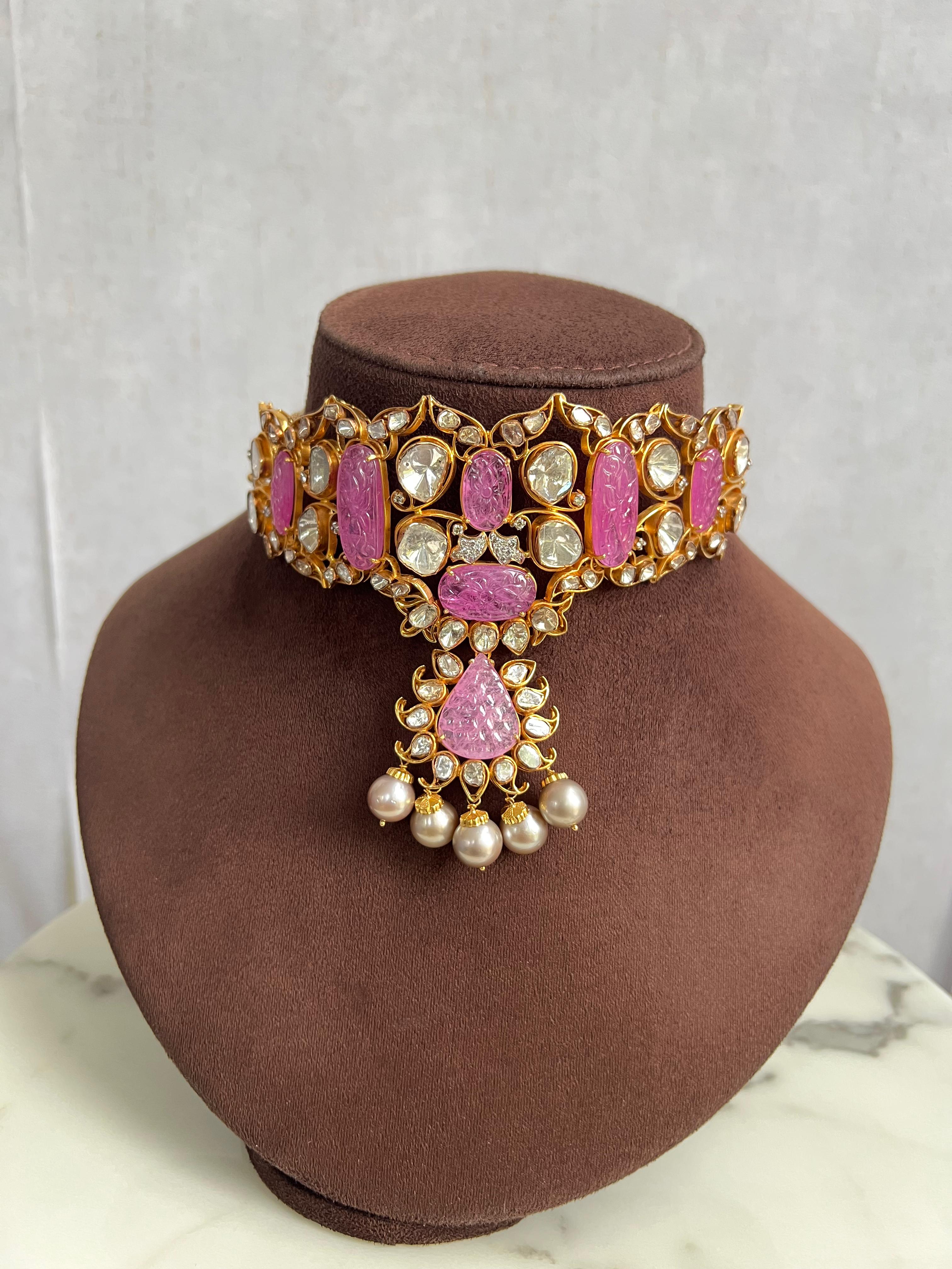 Carved Pink Sapphire Polki Choker