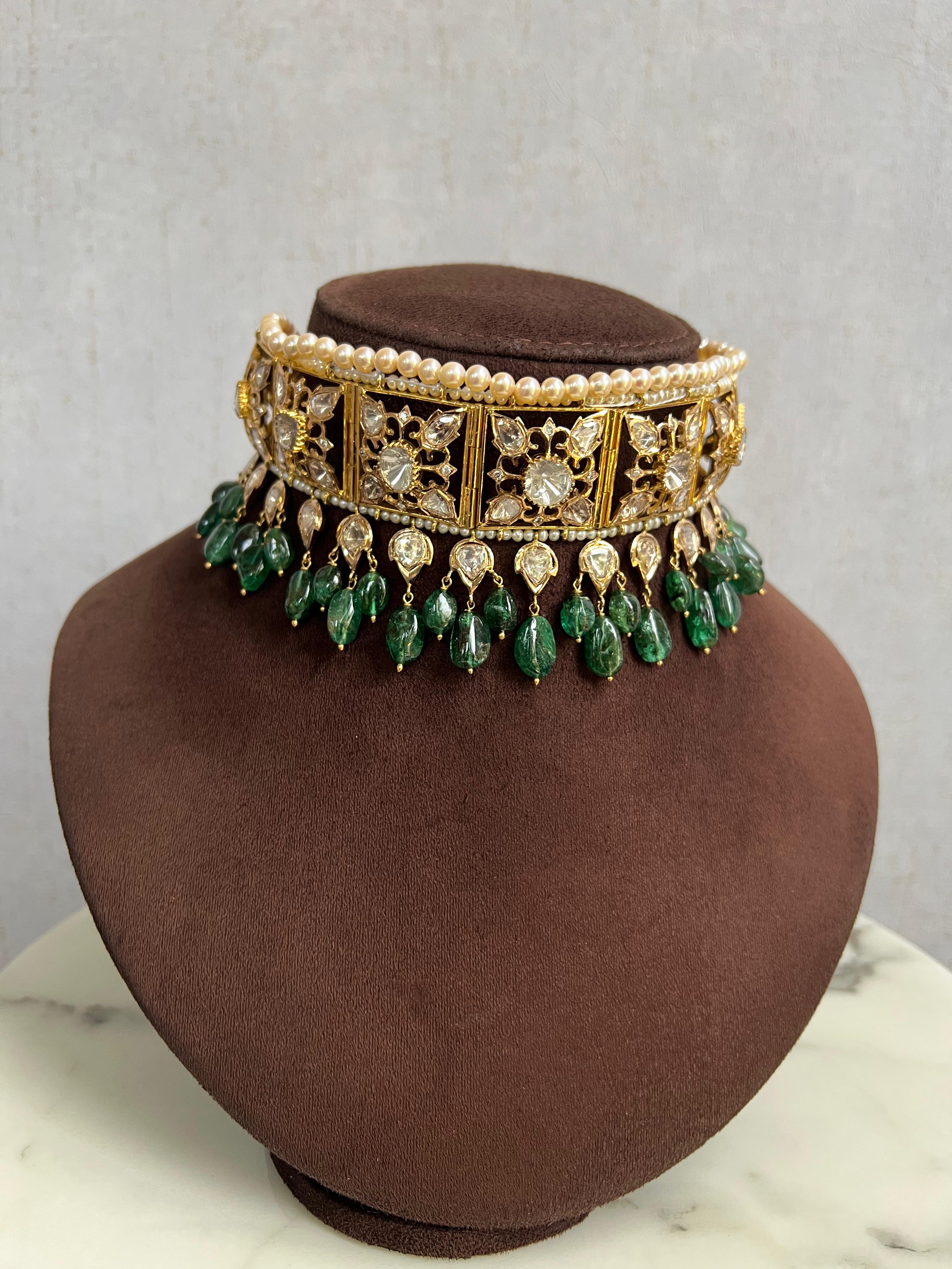 Polki Choker with Emerald Beads