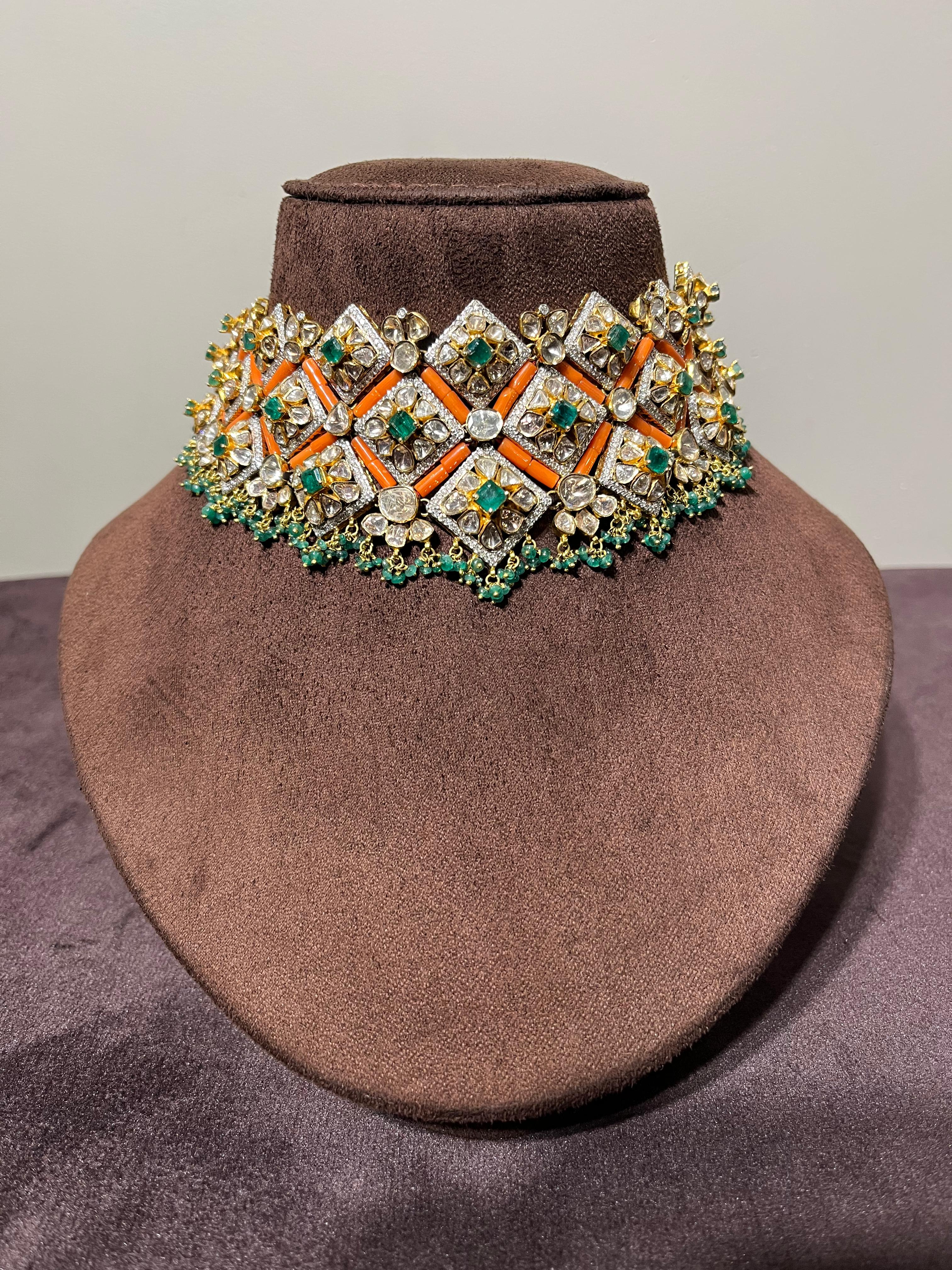 Fancy polki choker with Coral and Emerald Beads