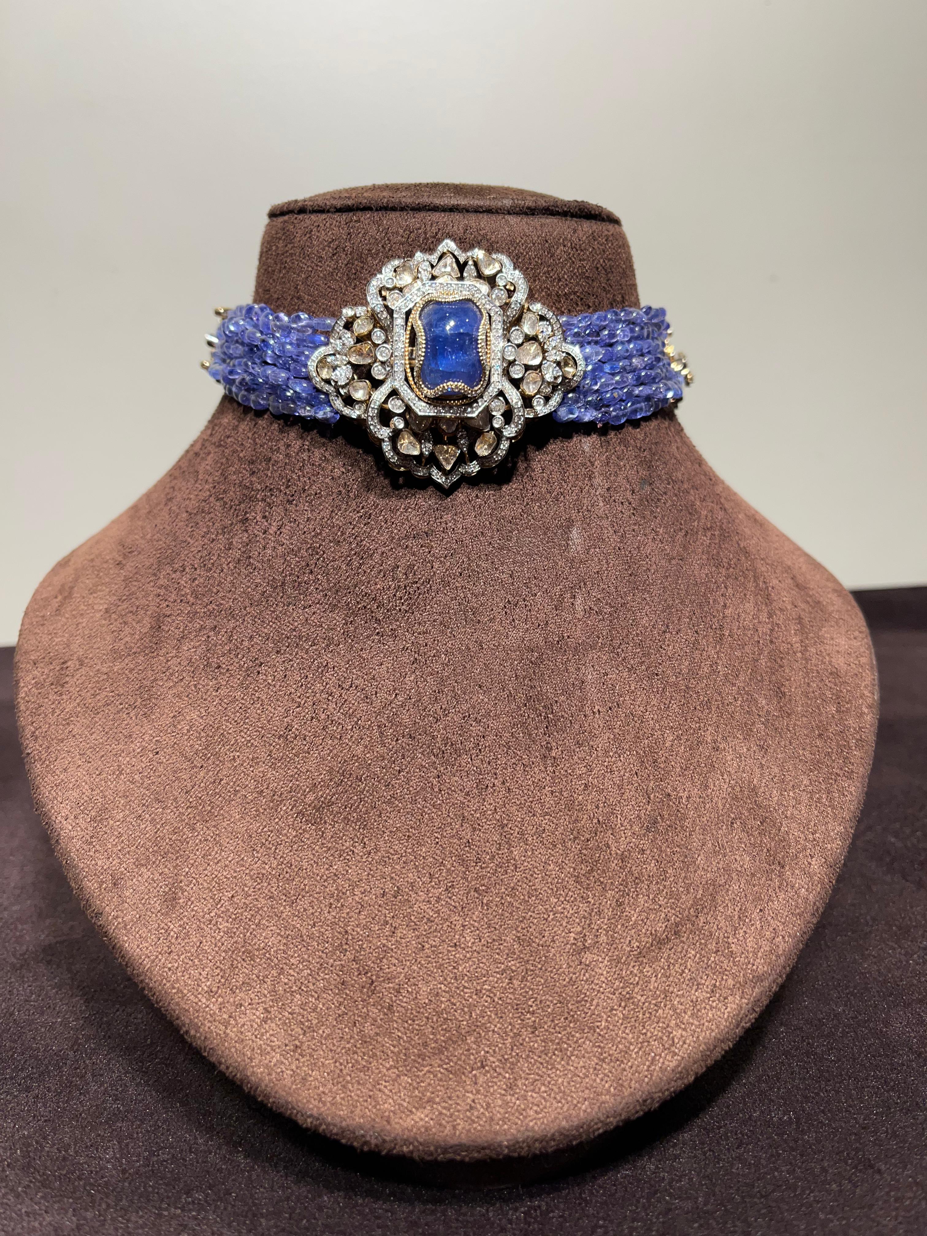 Stylish polki choker with tanzanite beads