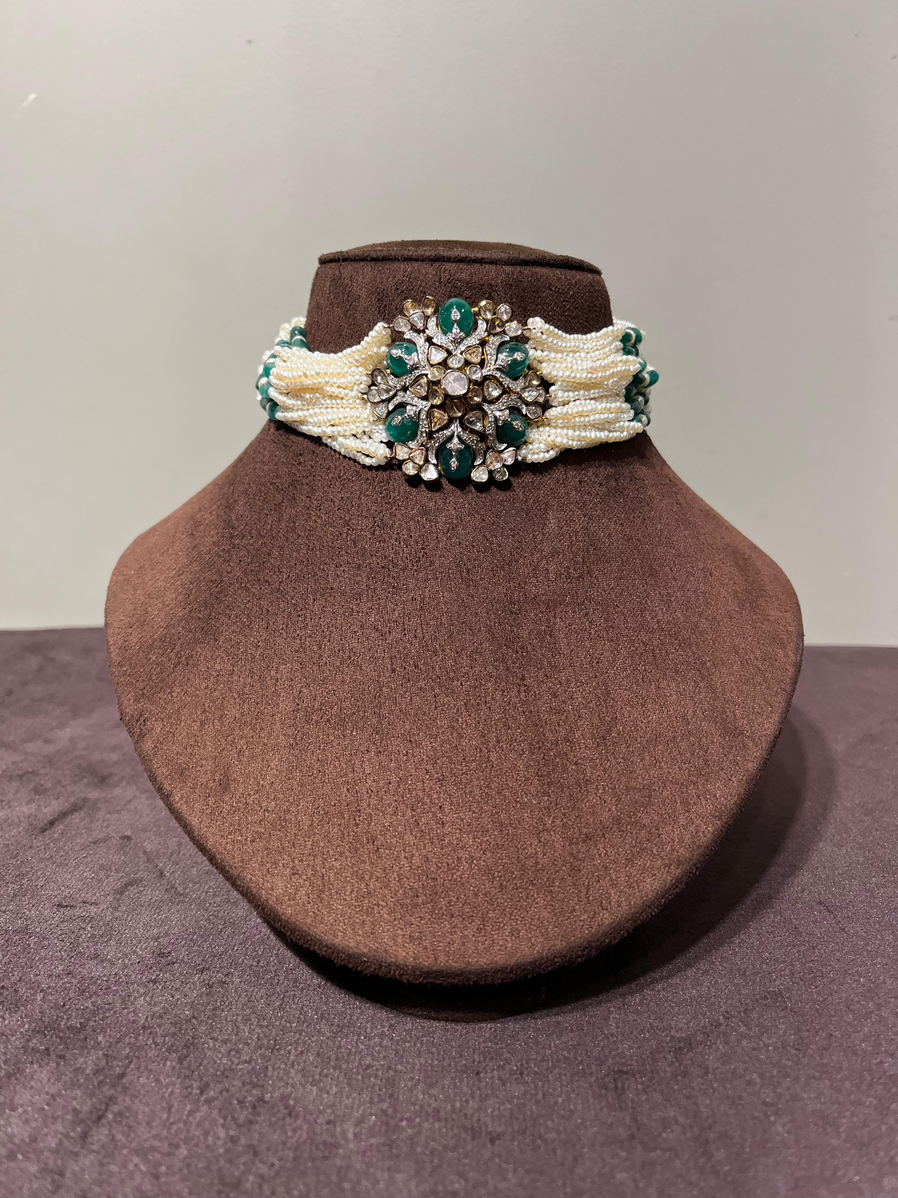 Fancy Polki Choker with Pearl Strings and Emerald