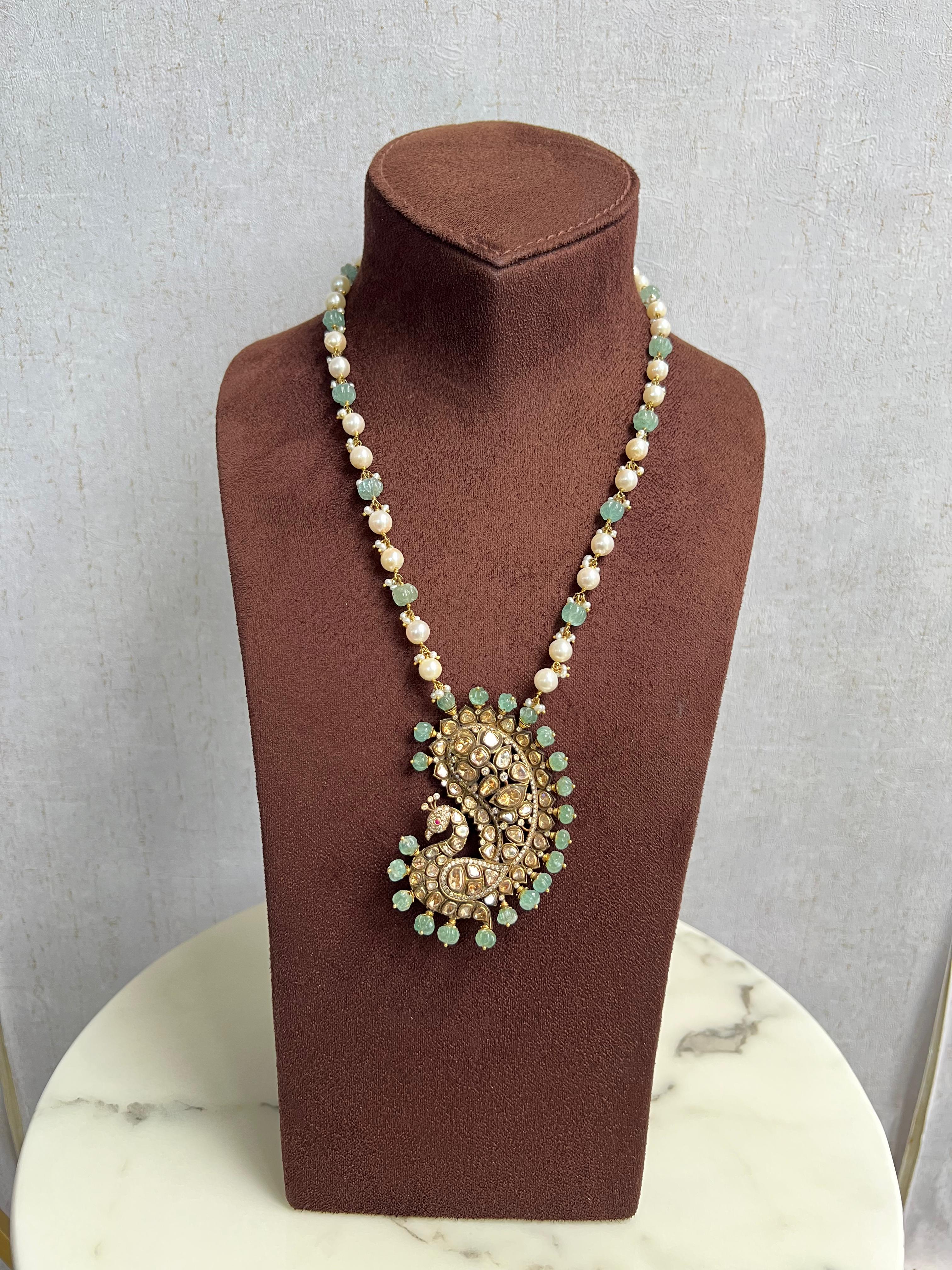 Peacock Motif Victorian Necklace with Pearls and Emerald