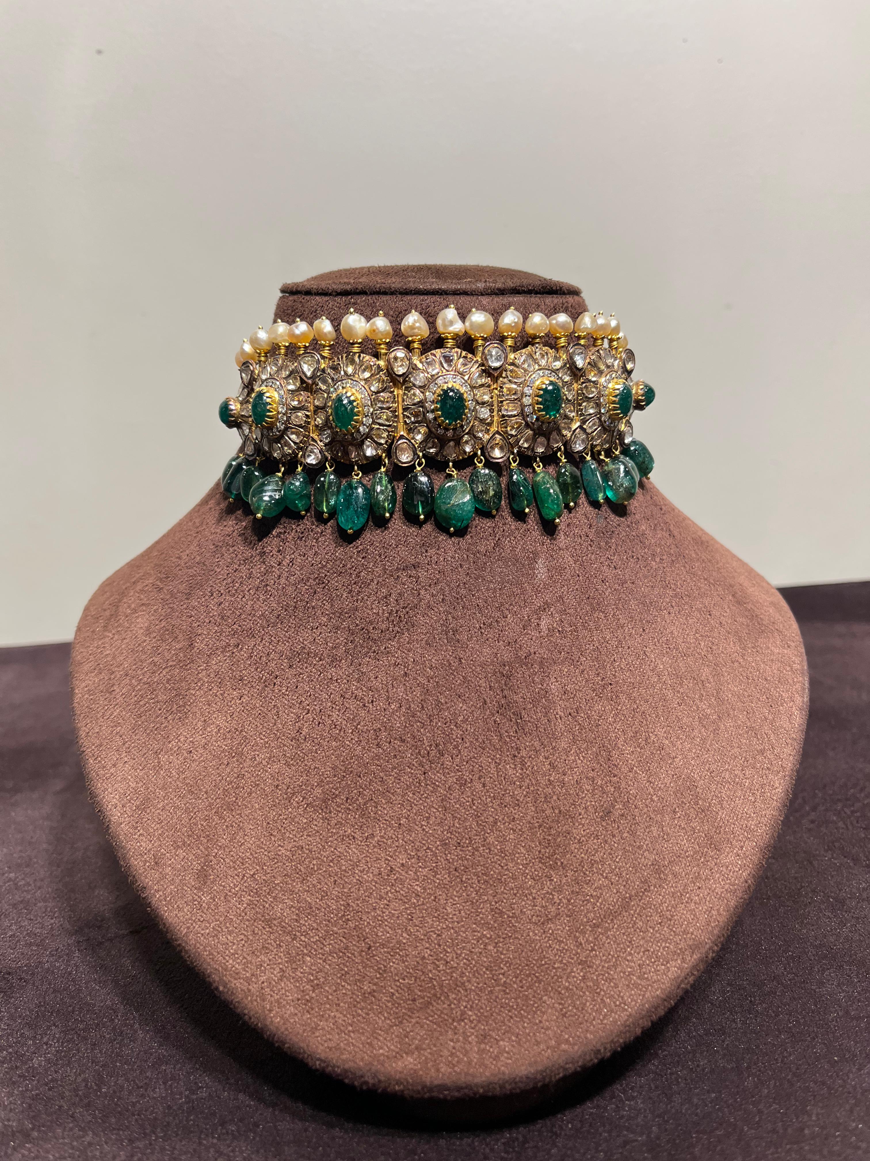 Nizami Polki lacha with zambian emeralds and pearls