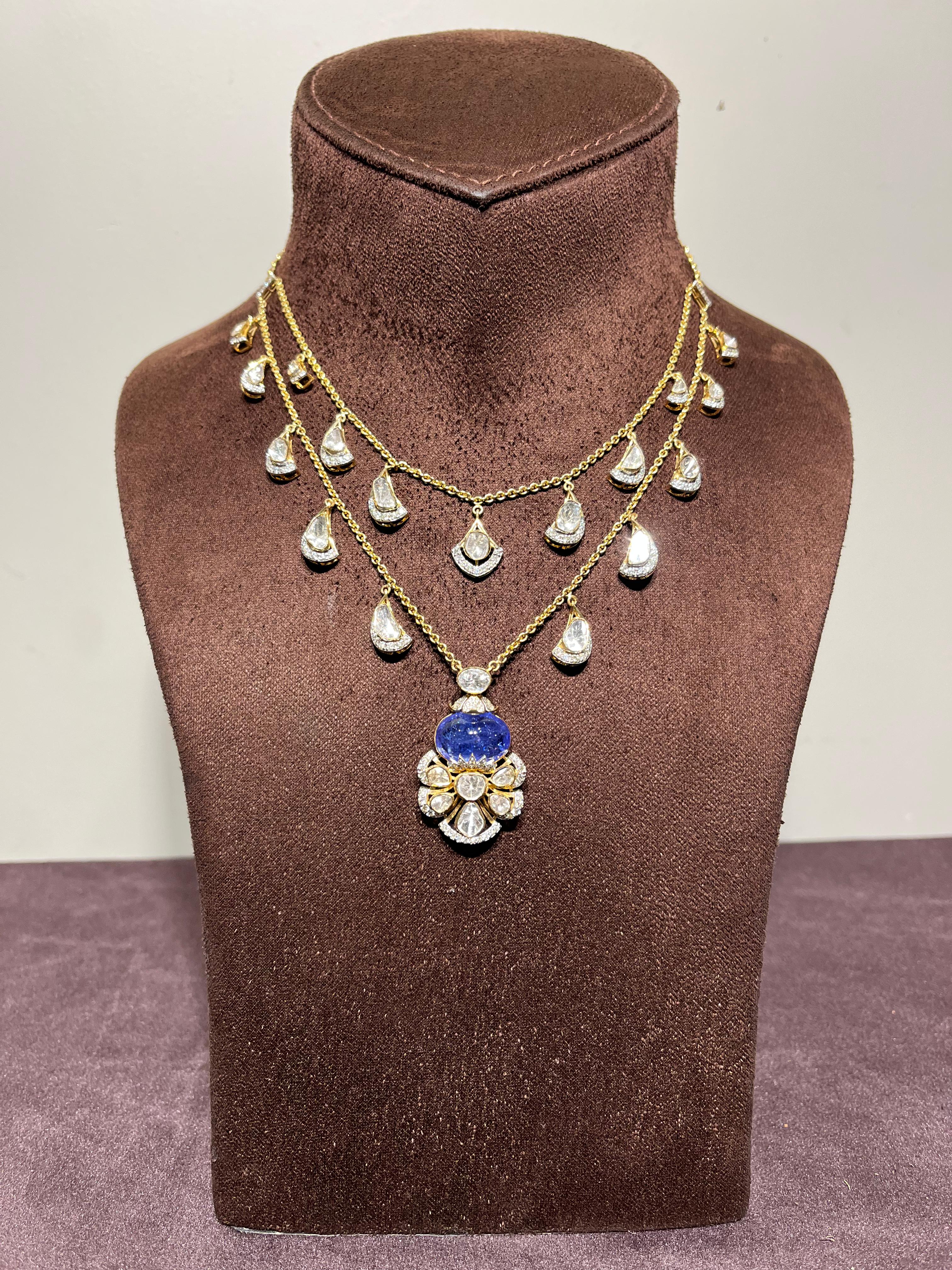 Double layered Polki Necklace with Tanzanite