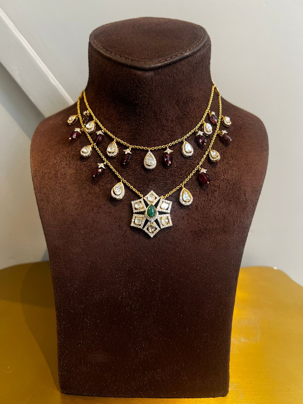 Sparkling Polki Necklace with Emerald and Tourmaline Beads
