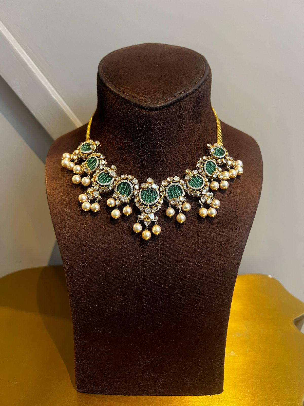 Handcrafted Polki Necklace with Emerald and South Sea Pearls