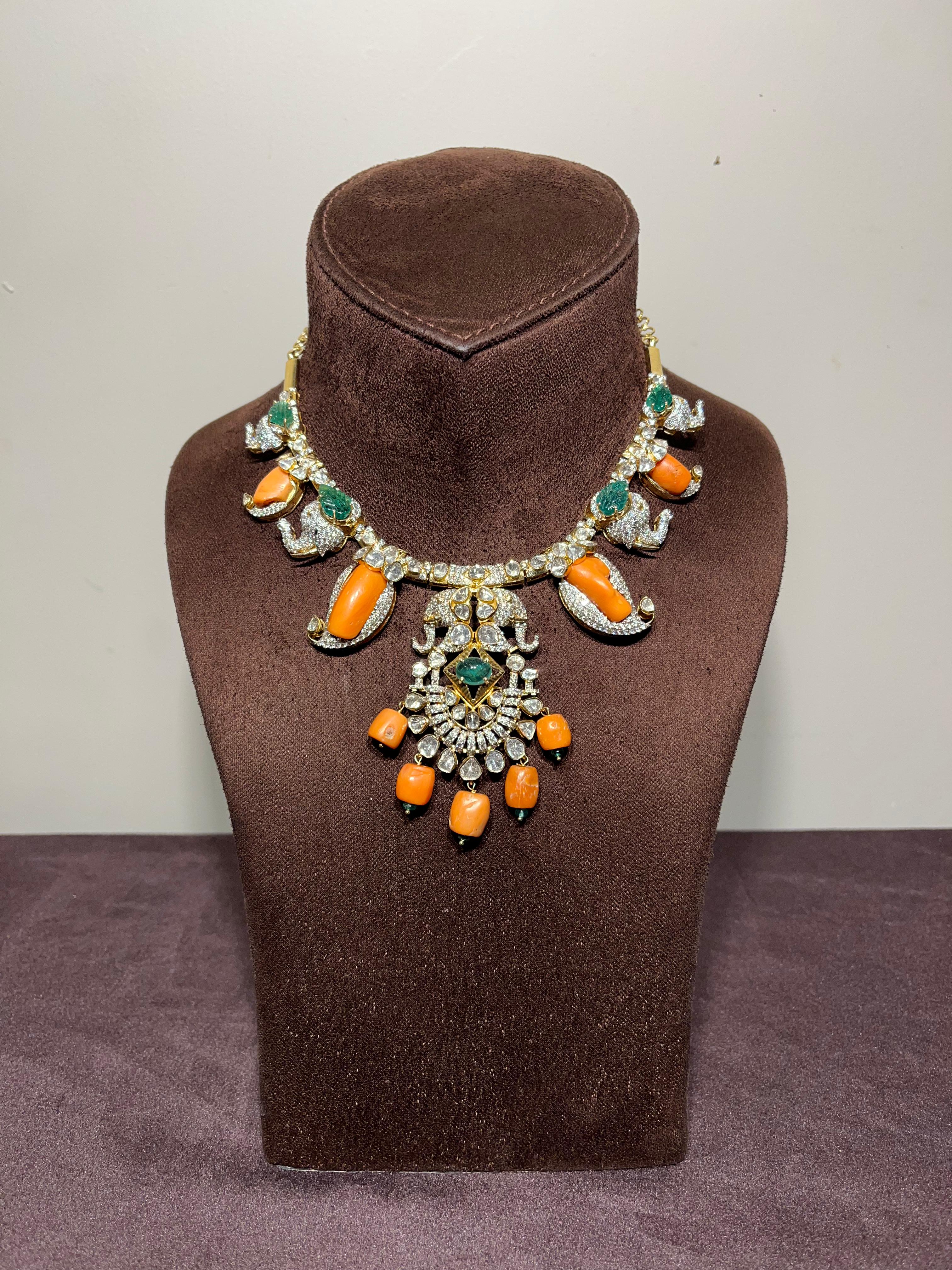Unique Elephant Motif Necklace with Corals and Zambian Emerald