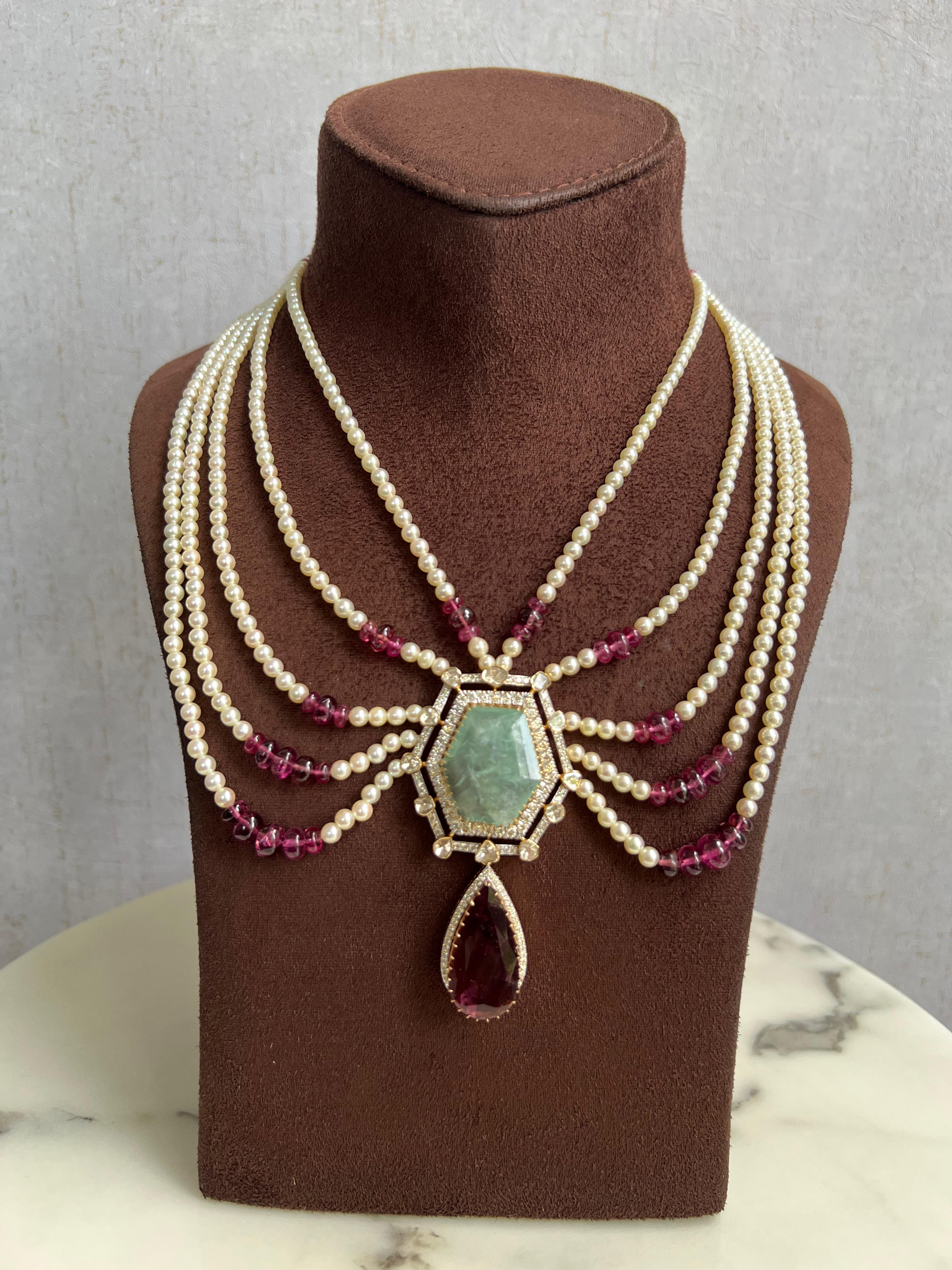 Dazzling Polki Necklace with Tourmaline and Russian Emerald