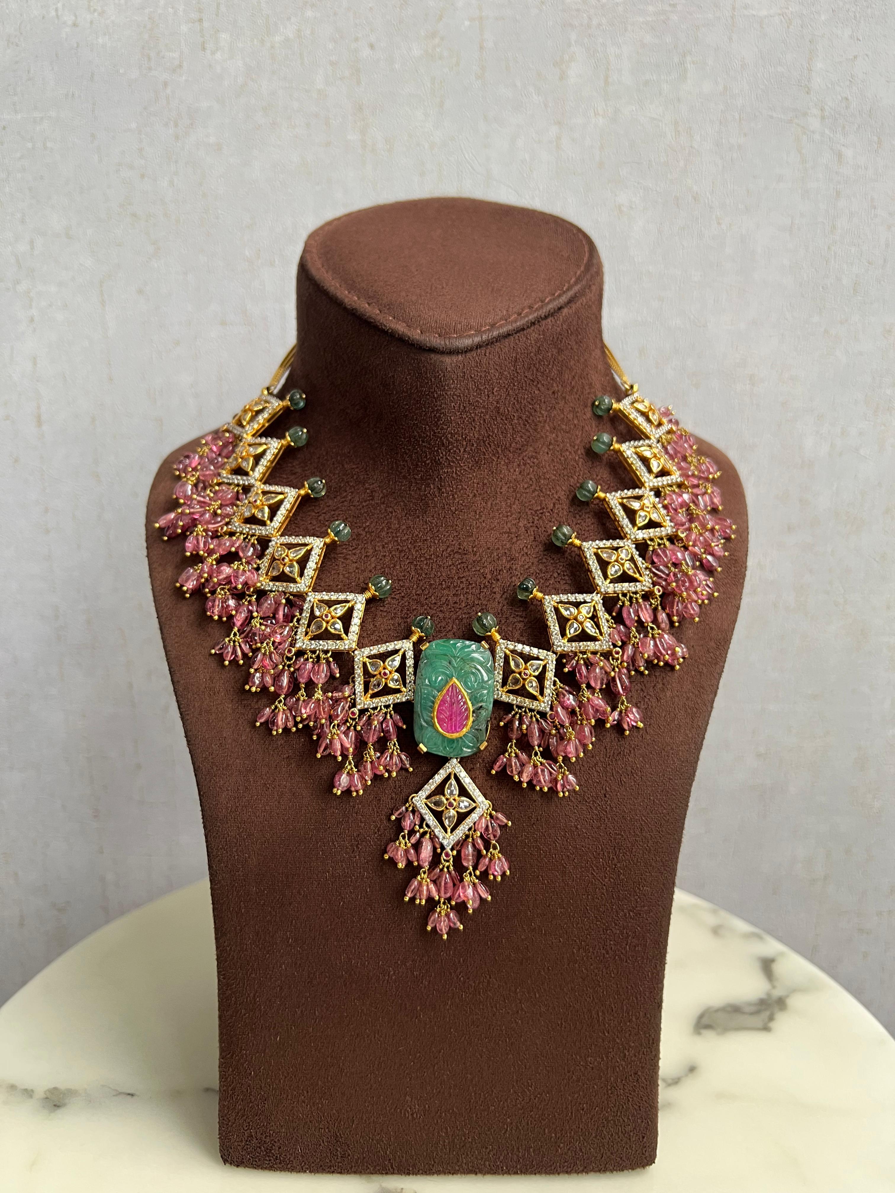 Pristine Polki Necklace with Tourmaline Beads