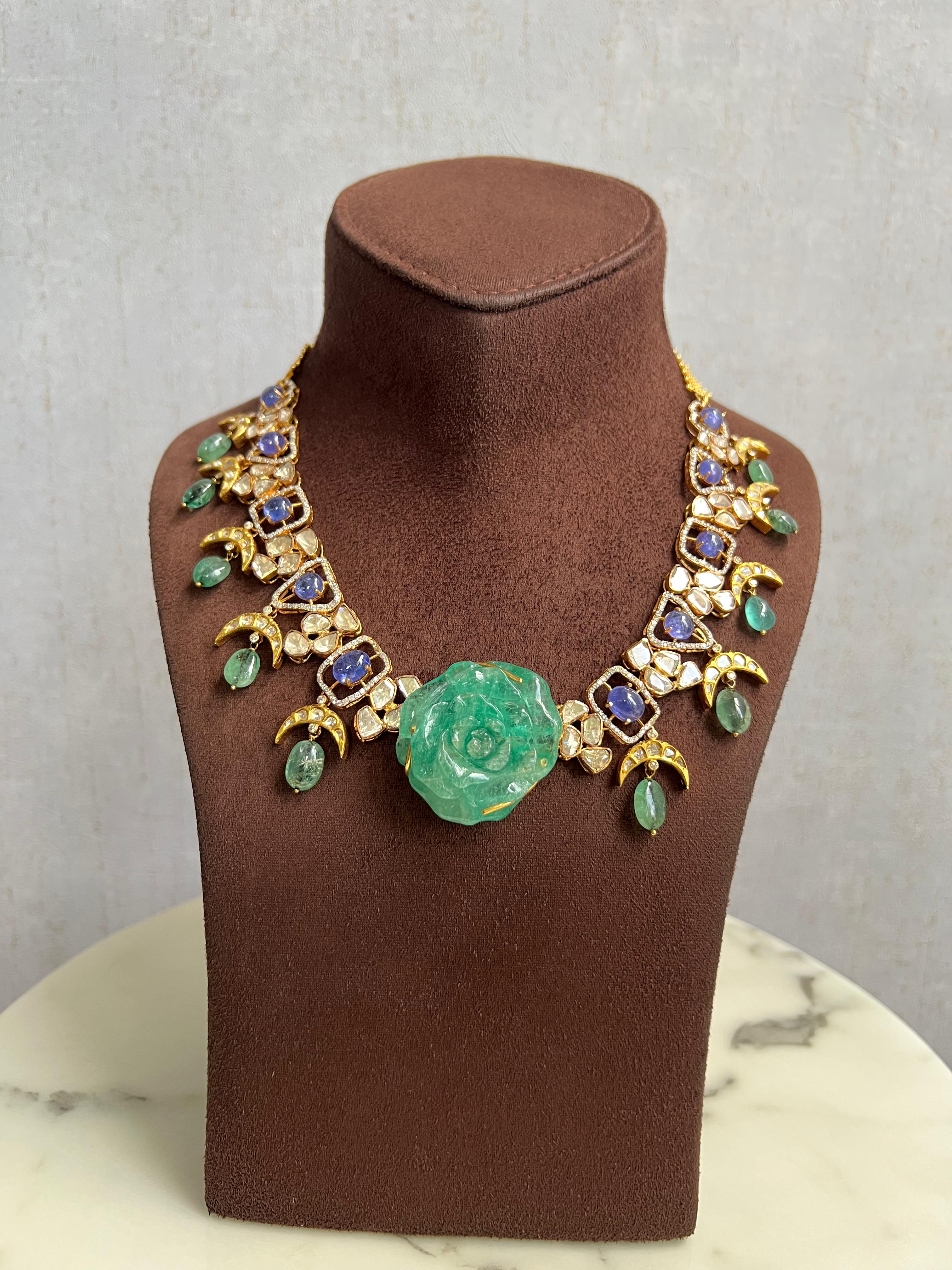 Sophisticated Polki Necklace with Tanzanite and Emerald