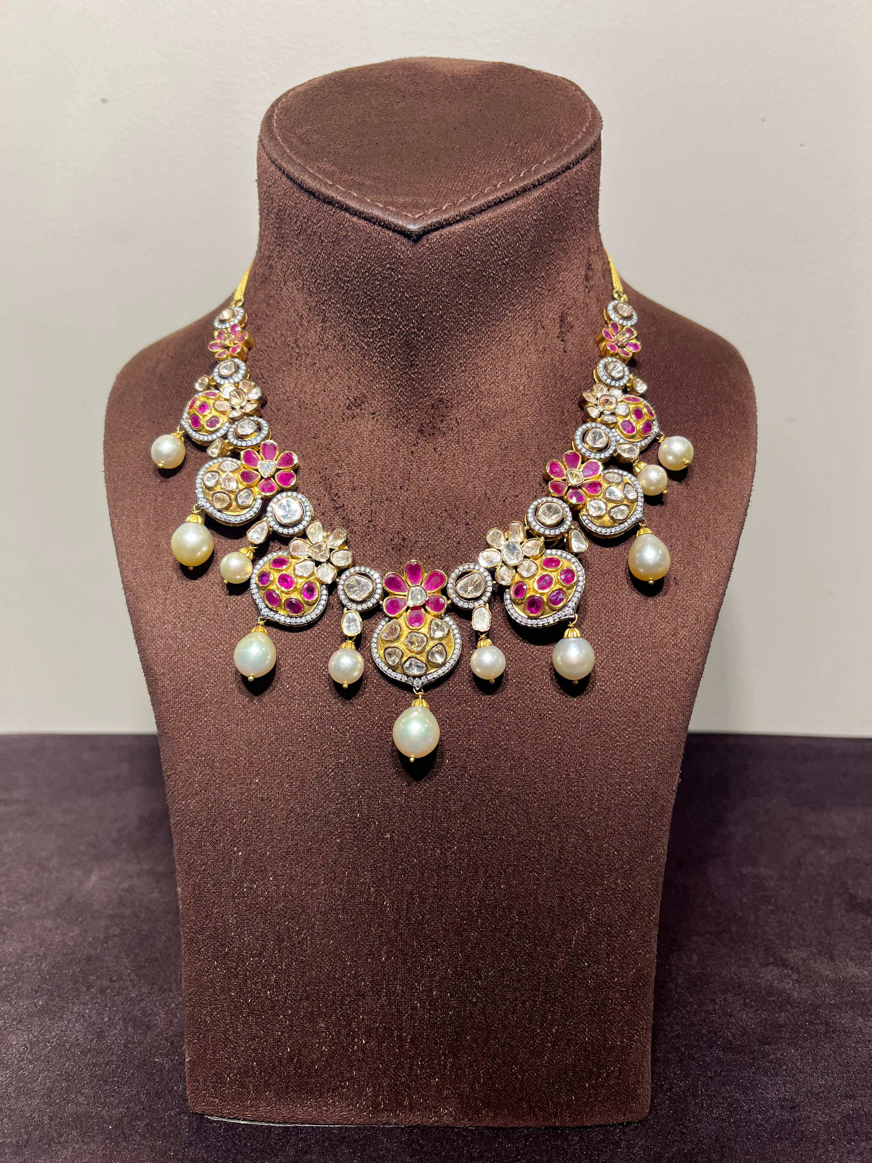 Polki Floral Necklace with Rubies