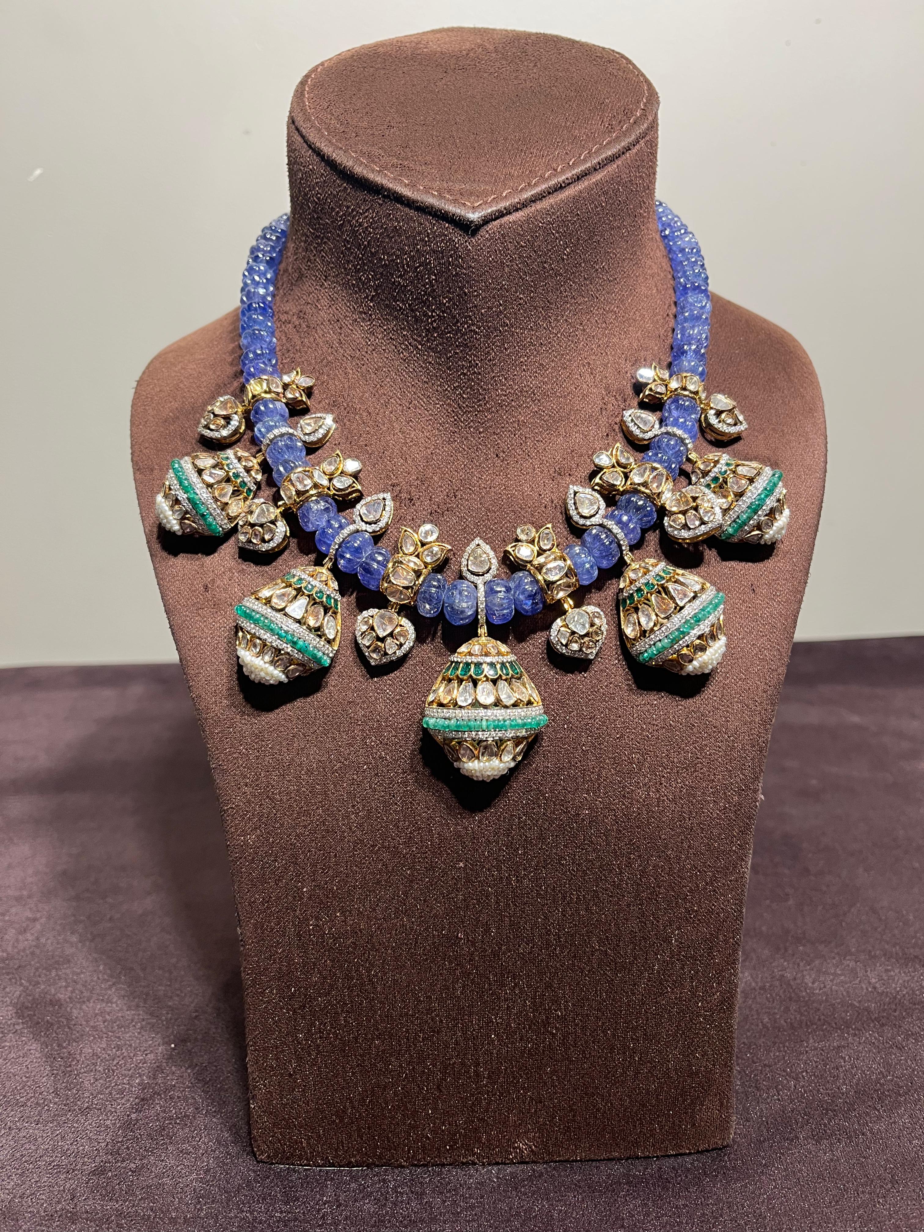 Tanzanite beads necklace with multiple polki pendants