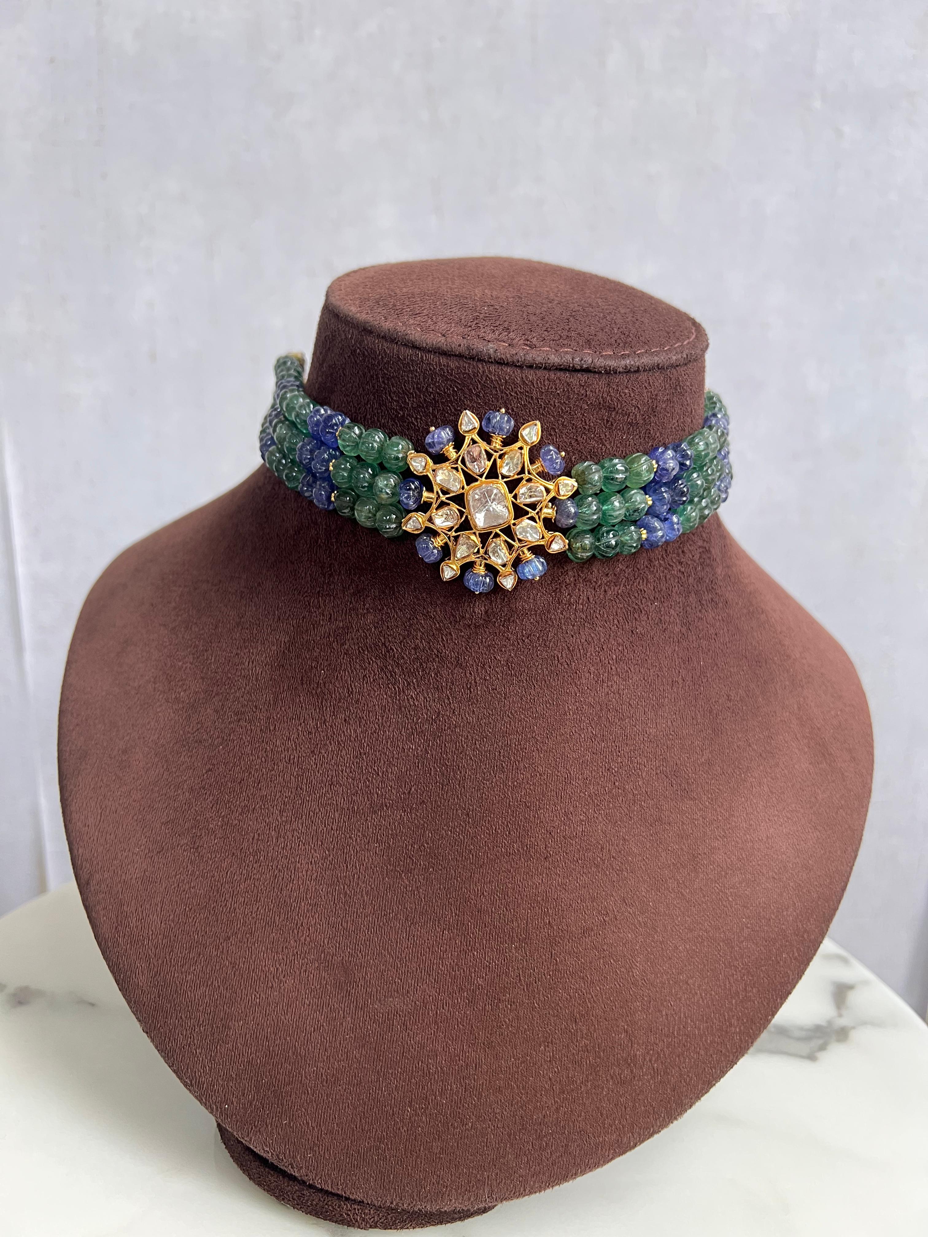 Polki Choker with Tanzanite and Emerald Beads