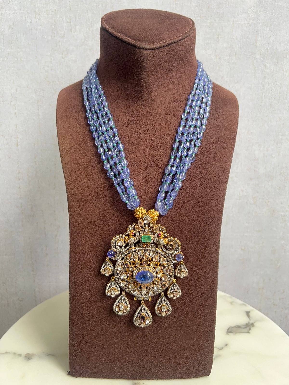 Peacock Motif semi Victorian pendant with Tanzanite beads