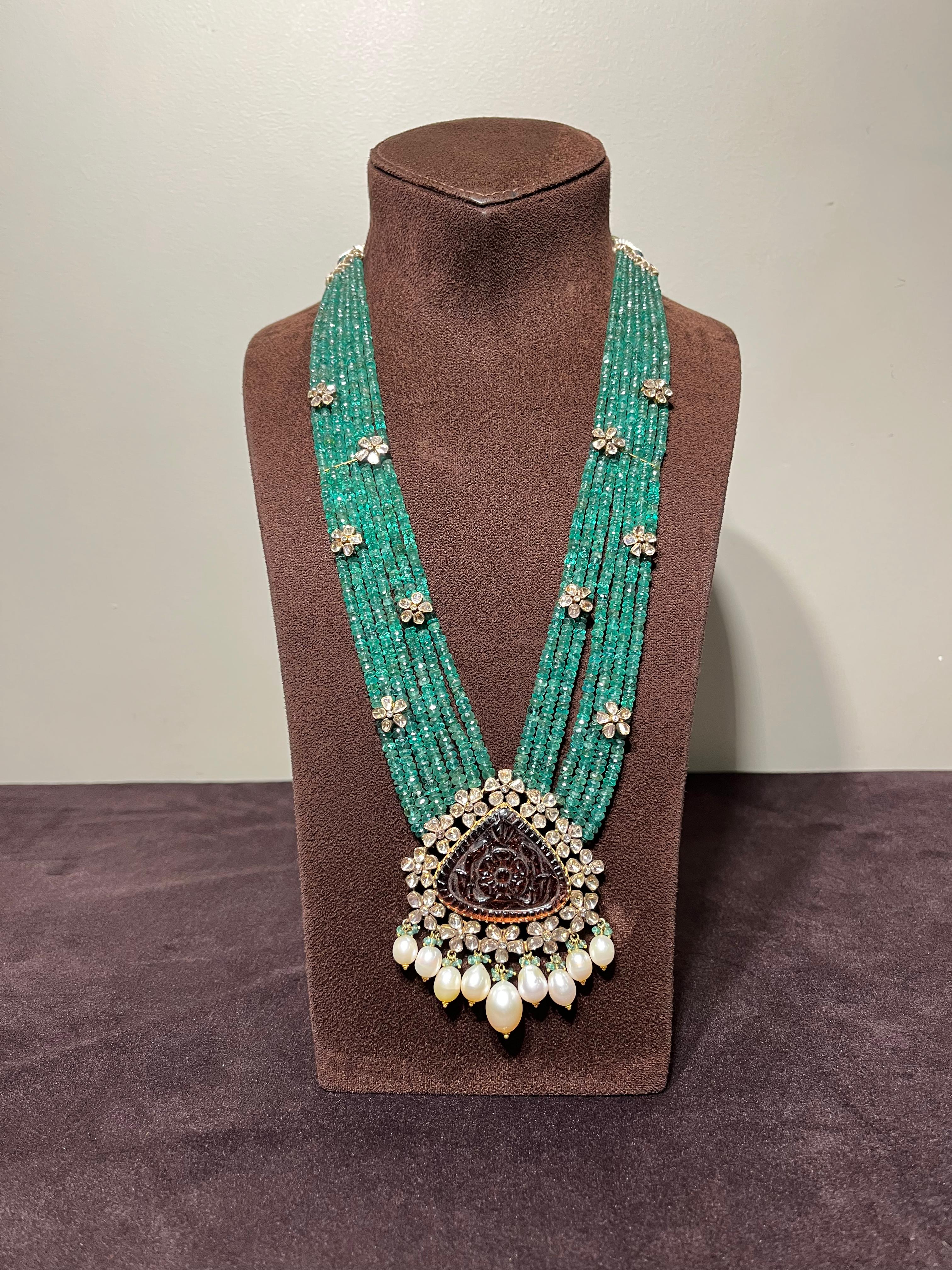 Carved Tourmaline Polki Pendant with Emerald Beads