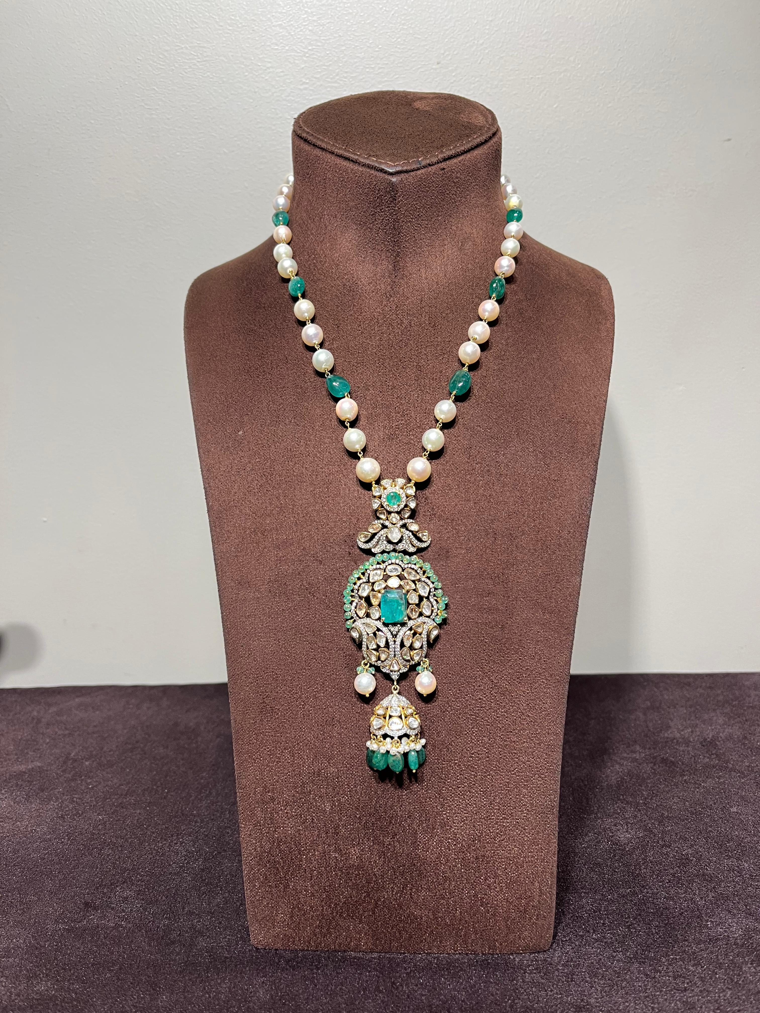 Polki Pendant with Pearl and Emerald Beads Chain