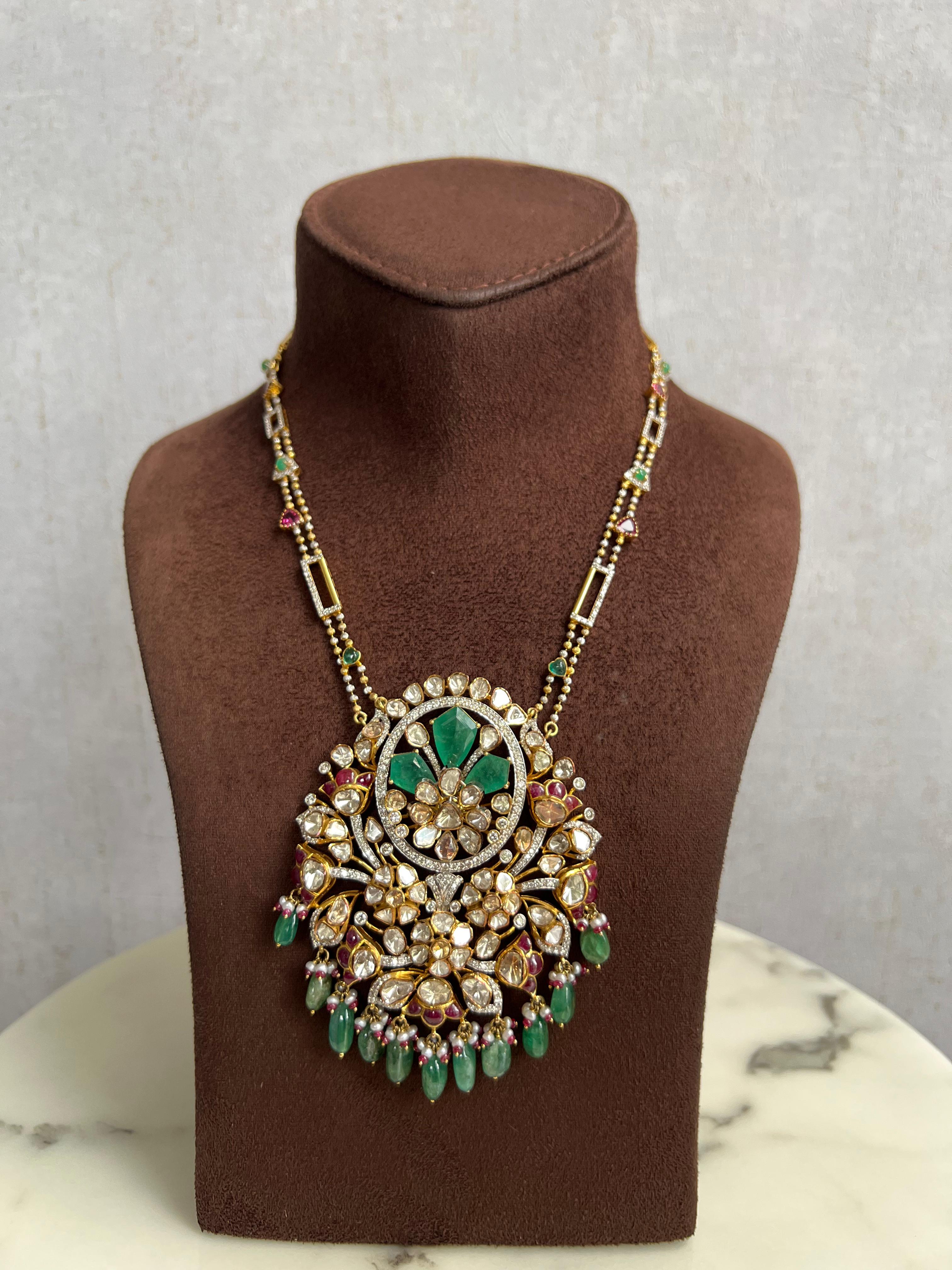Classic Polki Necklace with Rubies and Emerald