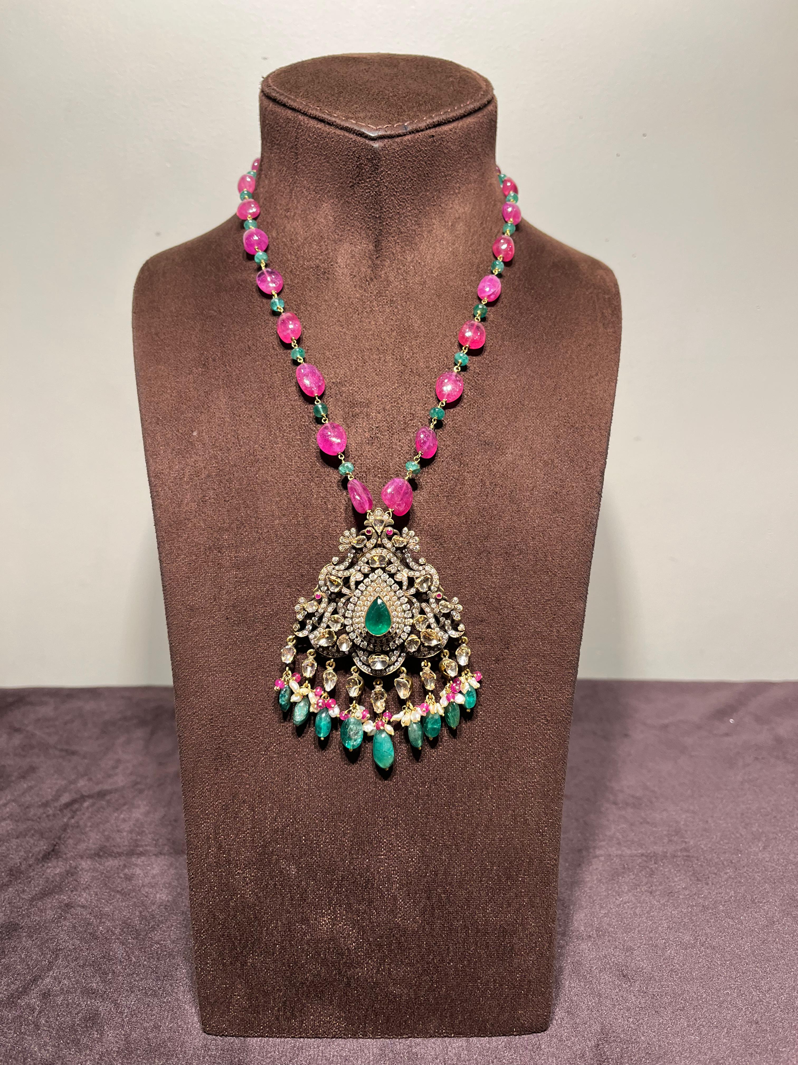Traditional Victorian Pendant with Ruby and Emerald Beads