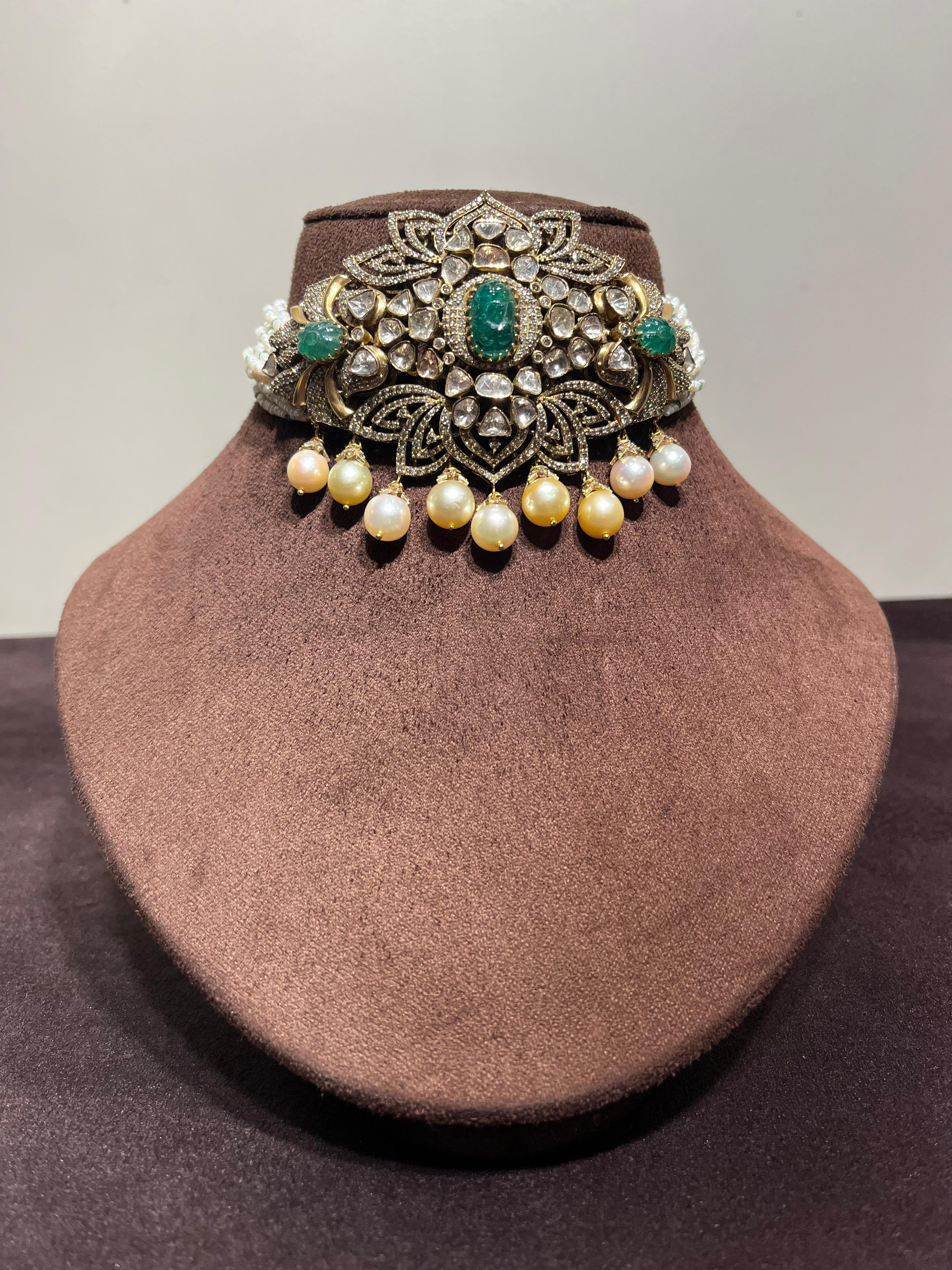 Grand polki choker with pearls and carved emeralds