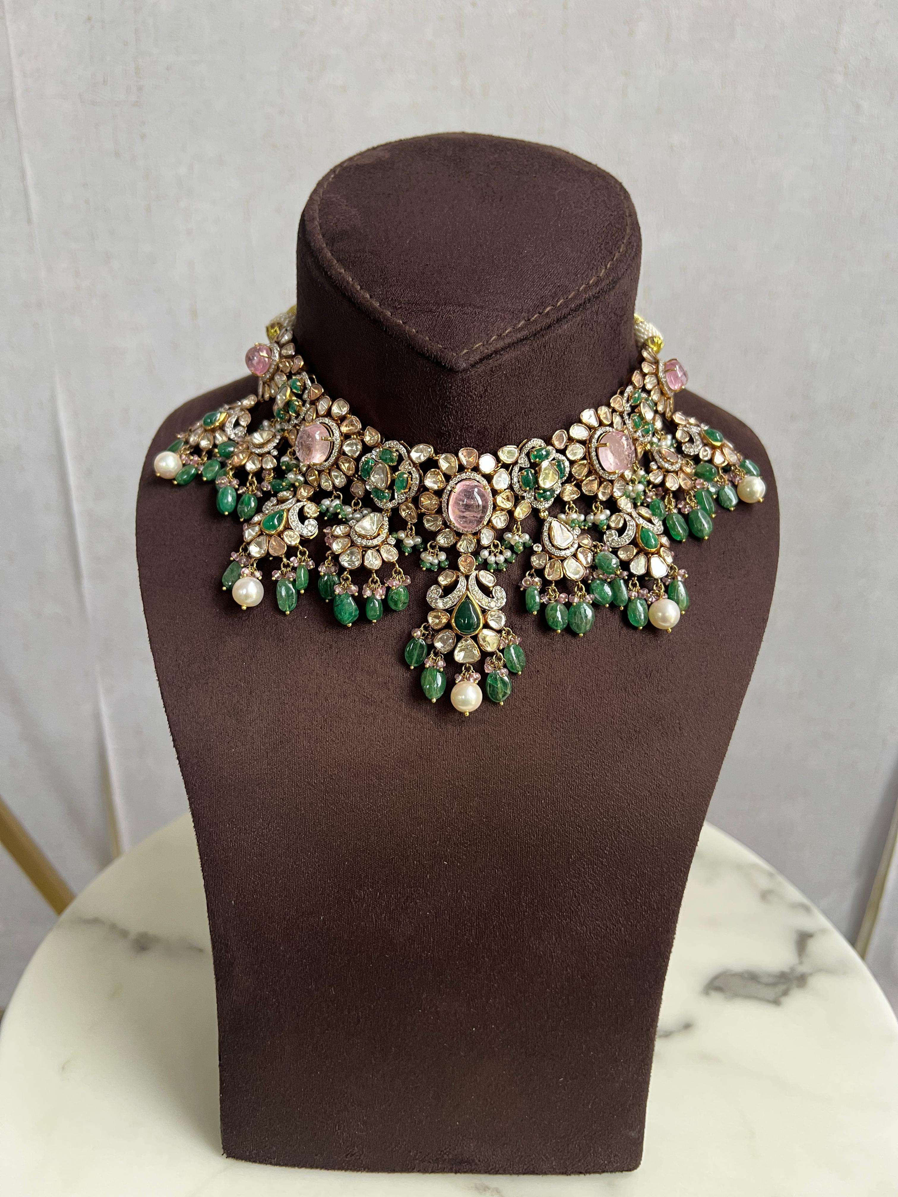 Morganites Polki Choker with Emerald and Pearls