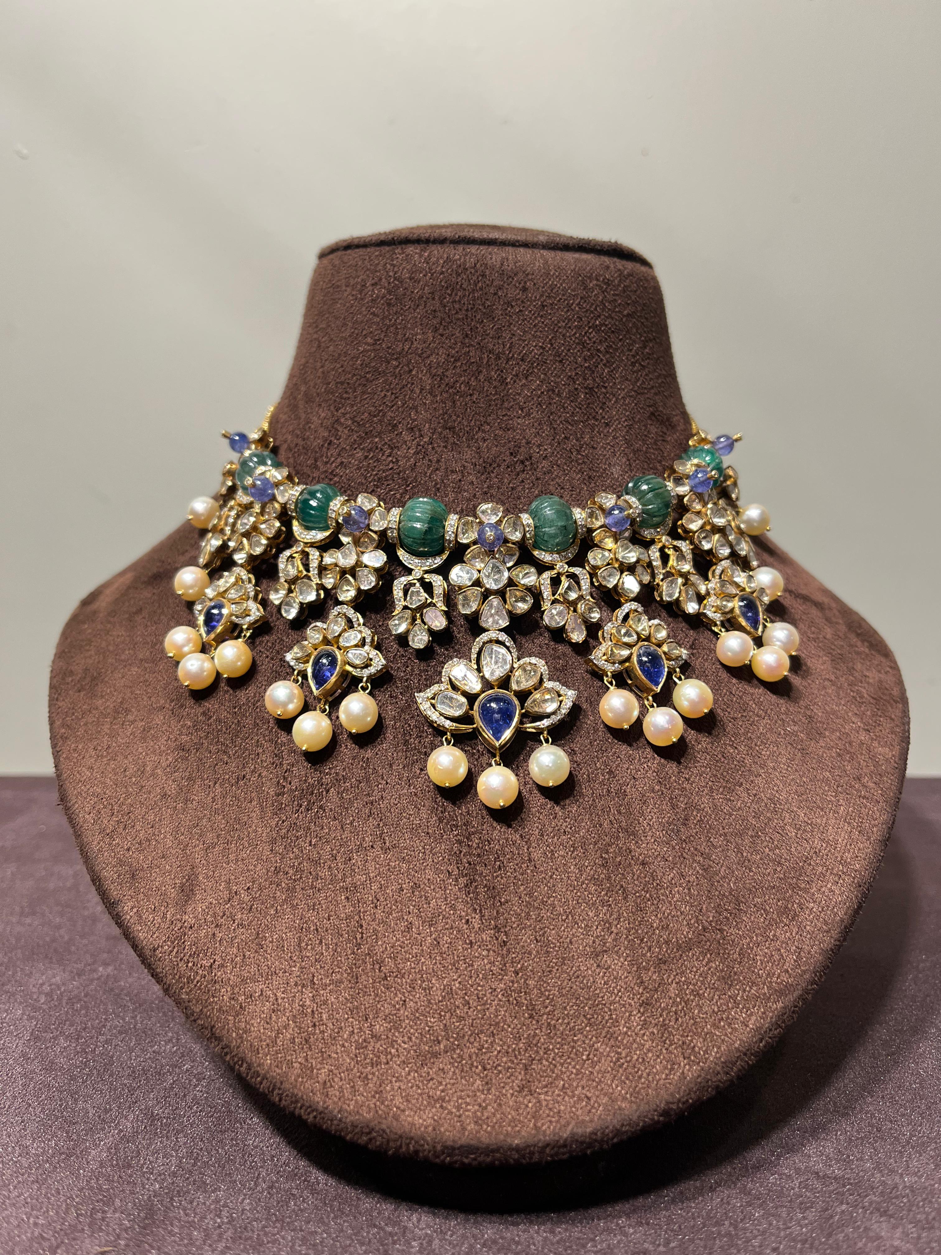 Exquisite Polki Necklace with Zambian Emerald and Tanzanite