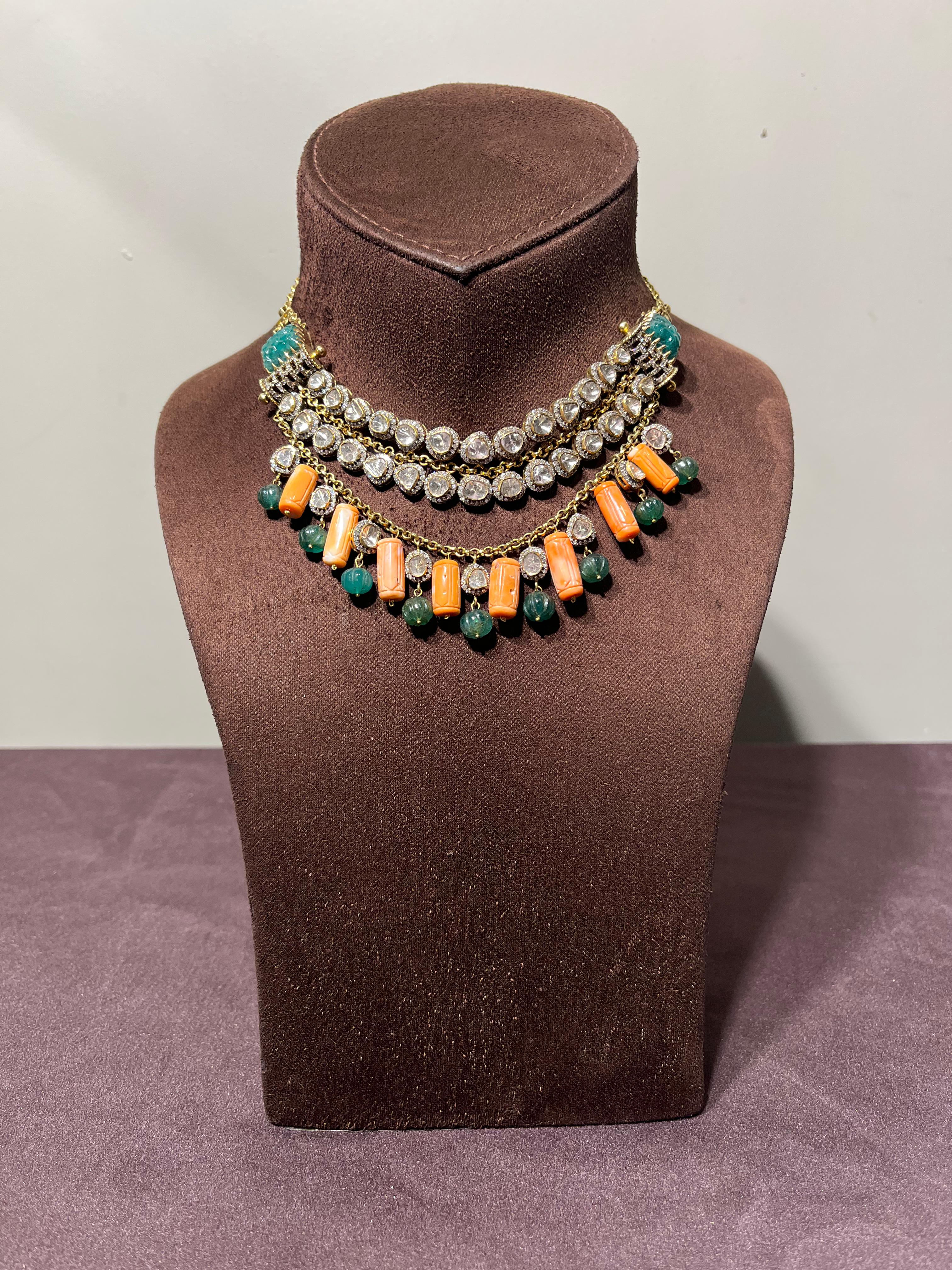 Glistening Victorian Necklace with Coral and Zambian Emerald Beads