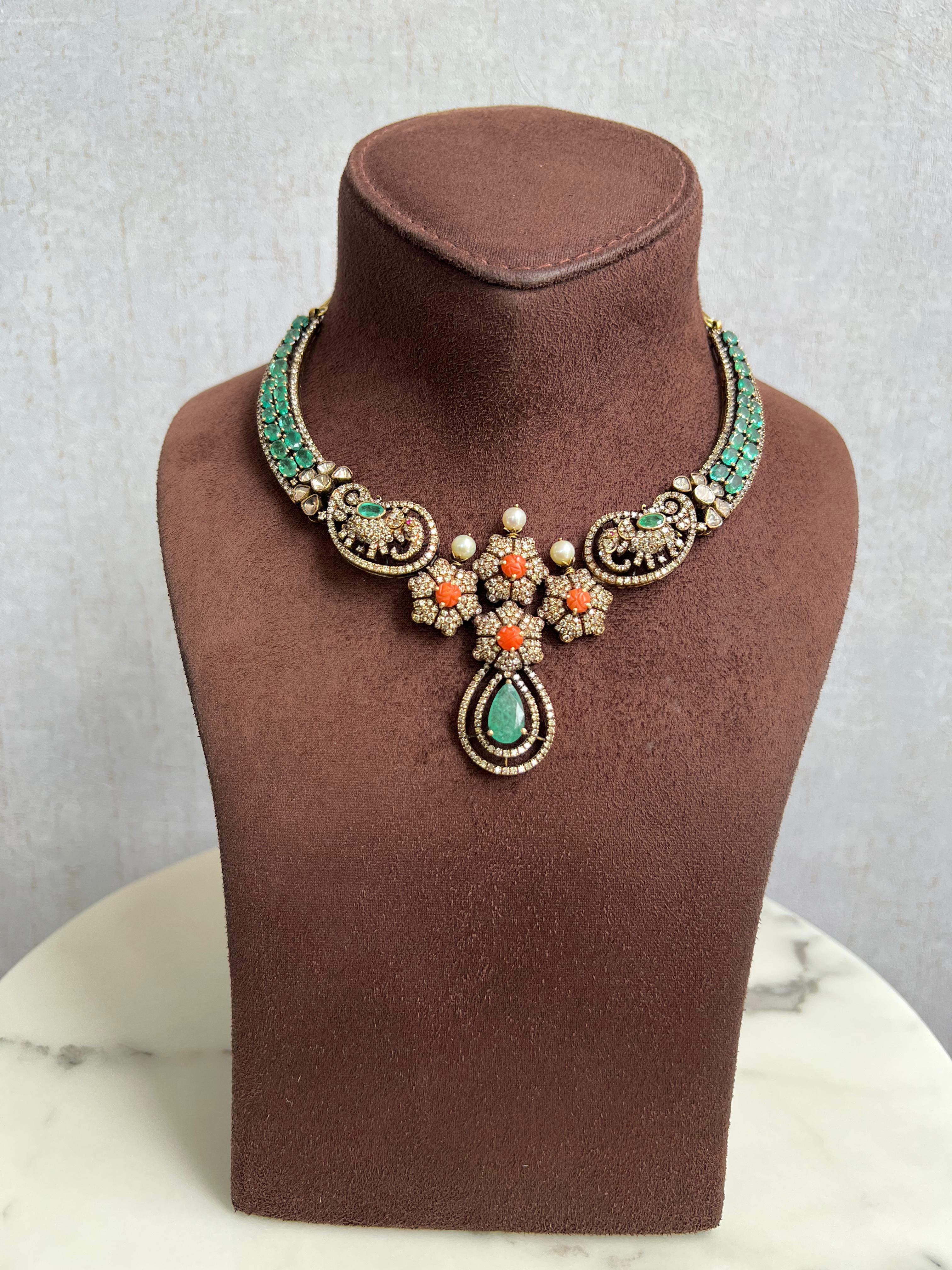 Emerald Studded Victorian Kanti with Elephant Motif