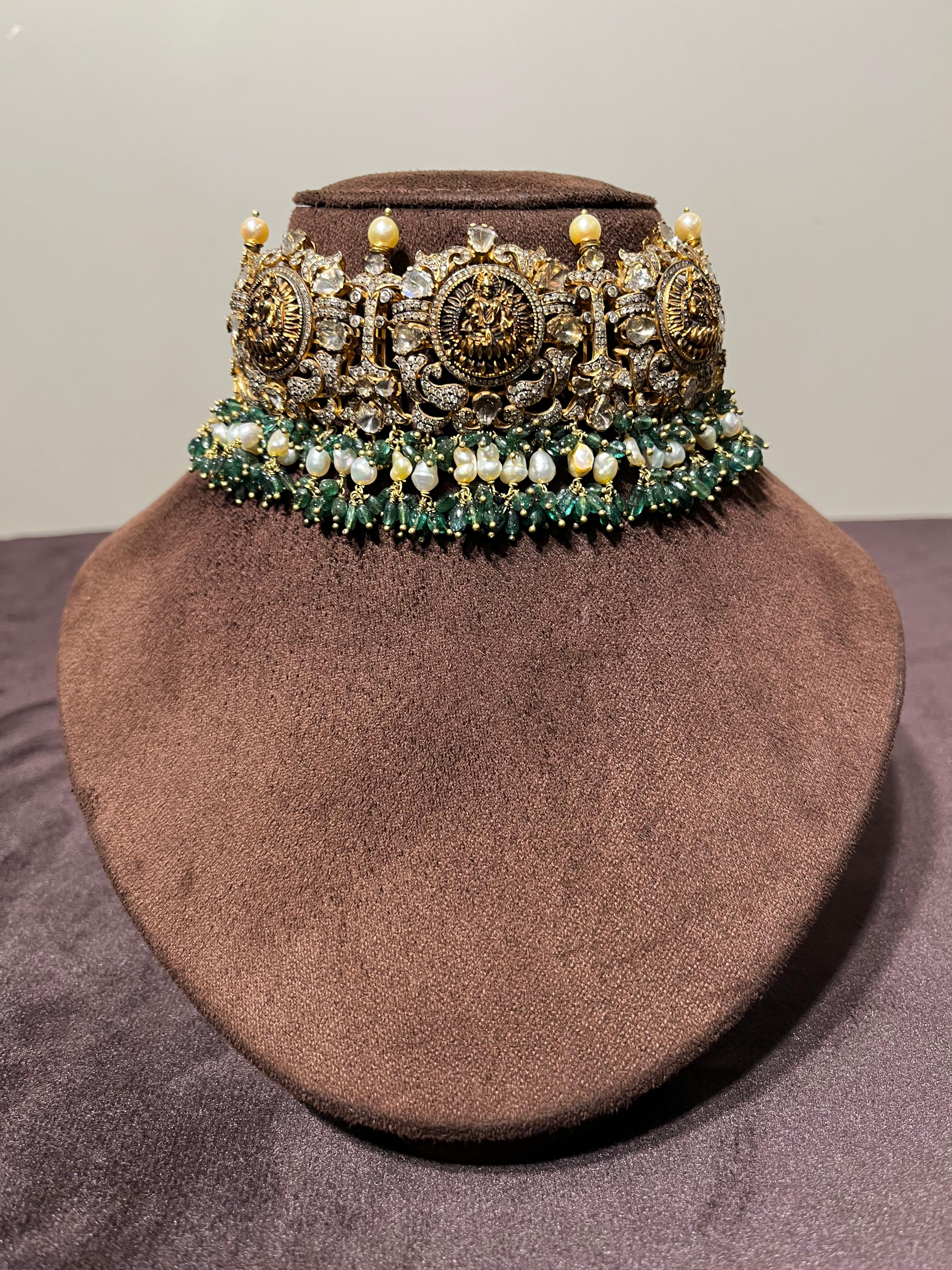 Traditional Laxmi Victorian Choker with Pearls and Emerald Beads
