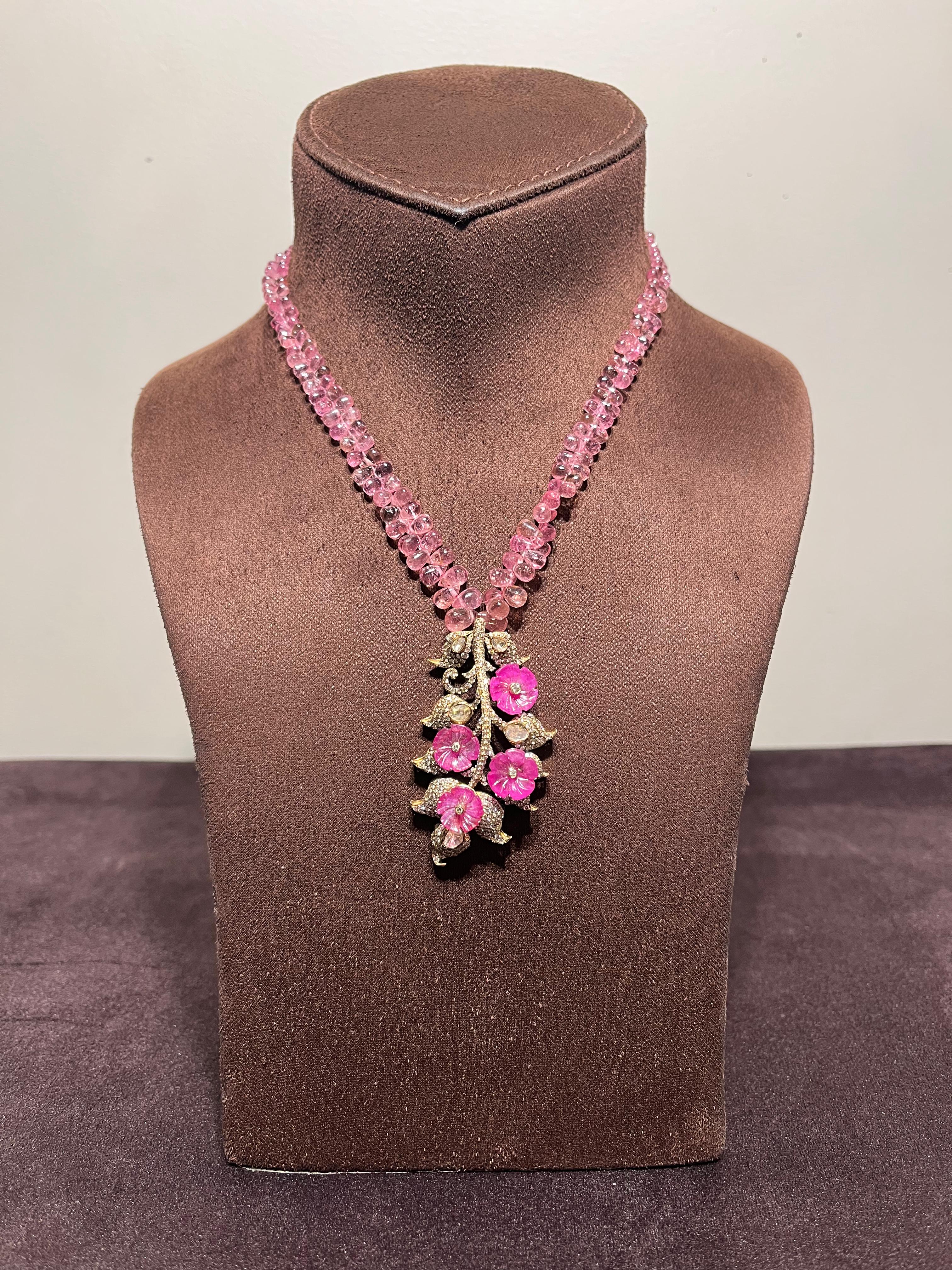 Flower shaped Carved ruby victorian pendant with beads