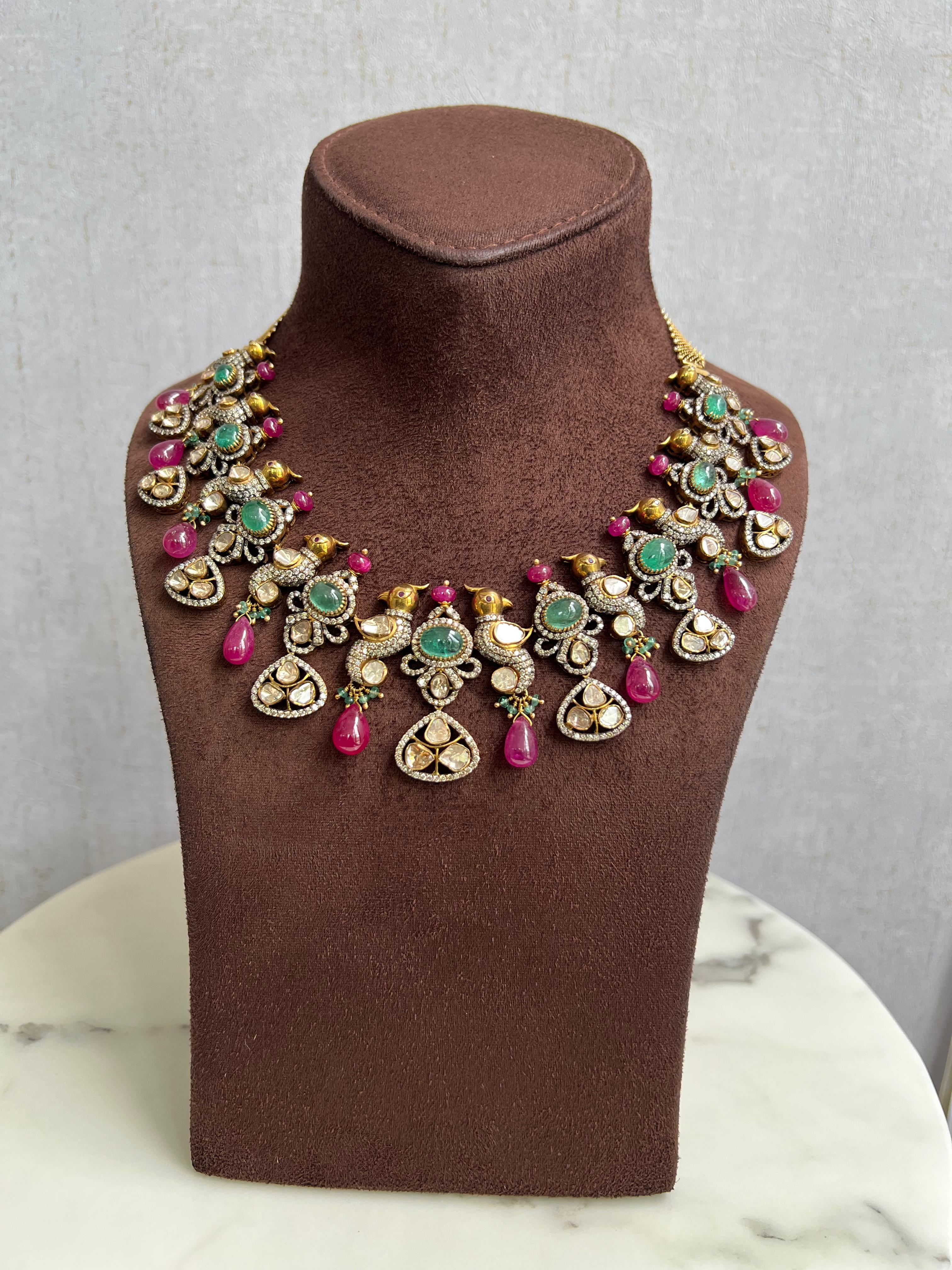 Parrot Motif Polki Necklace with Emerald and Rubies