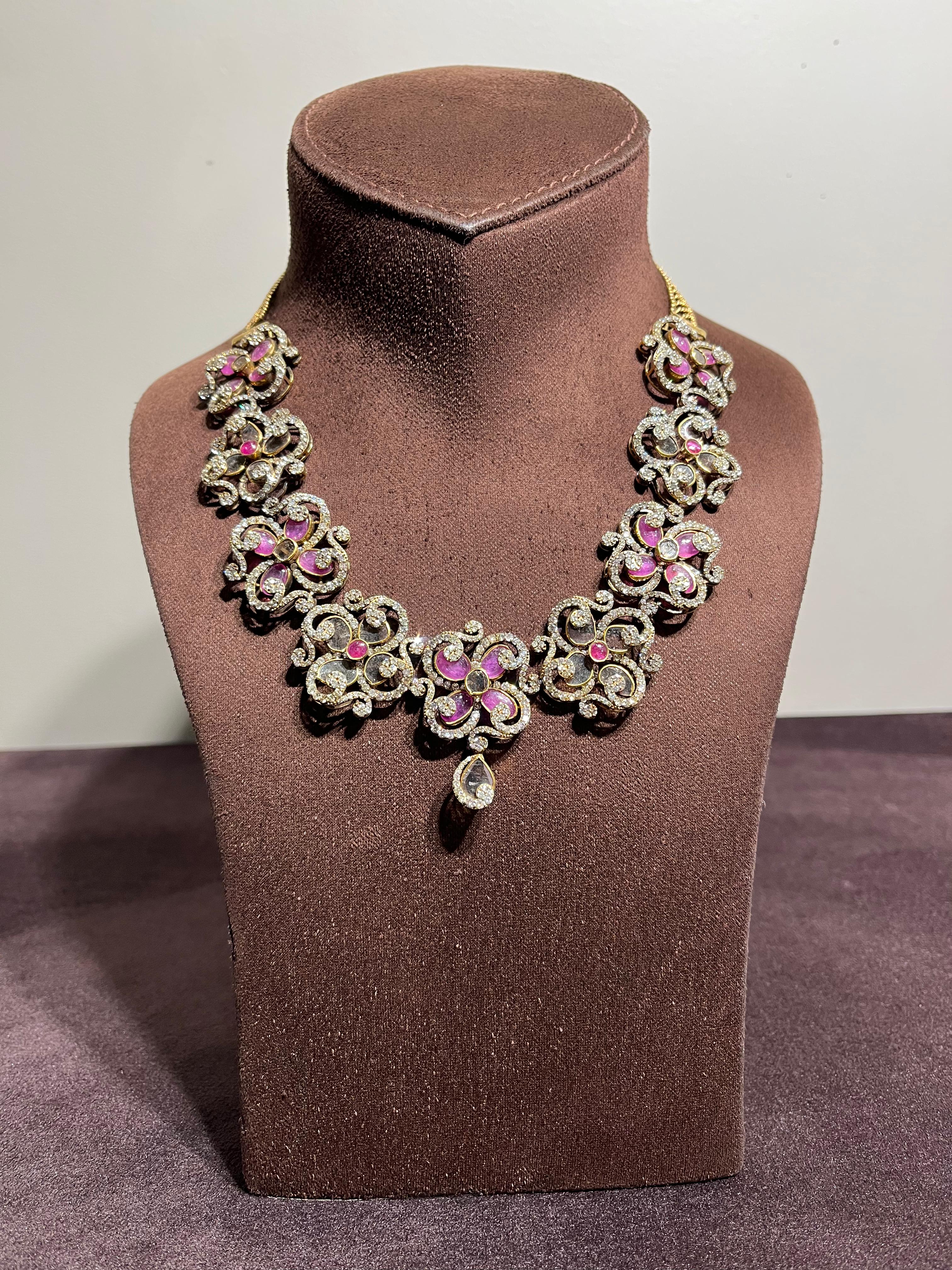 Nature inspired Victorian Polki necklace with rubies