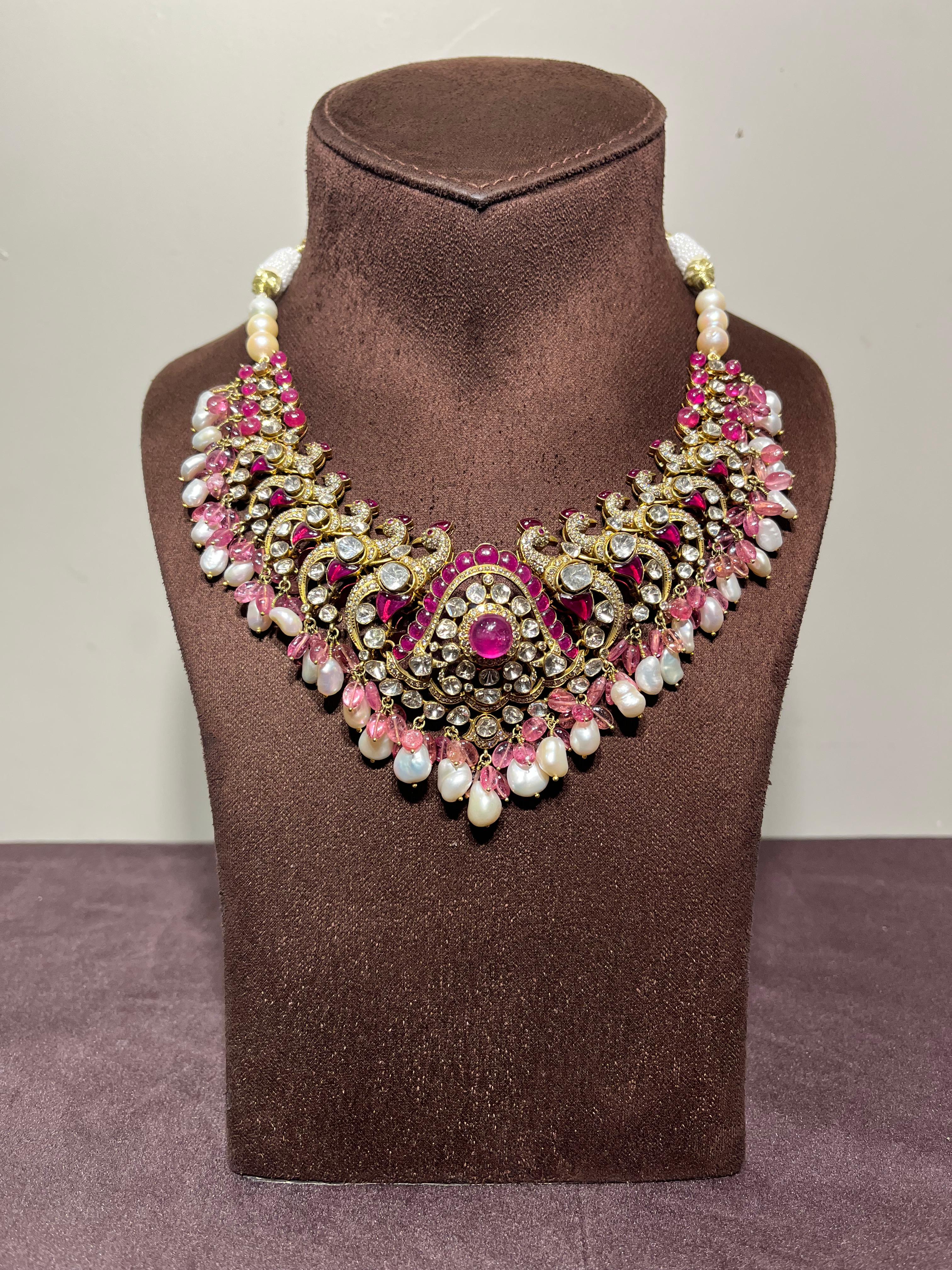 Peacock Motif Polki Necklace with Tourmaline and Pearls