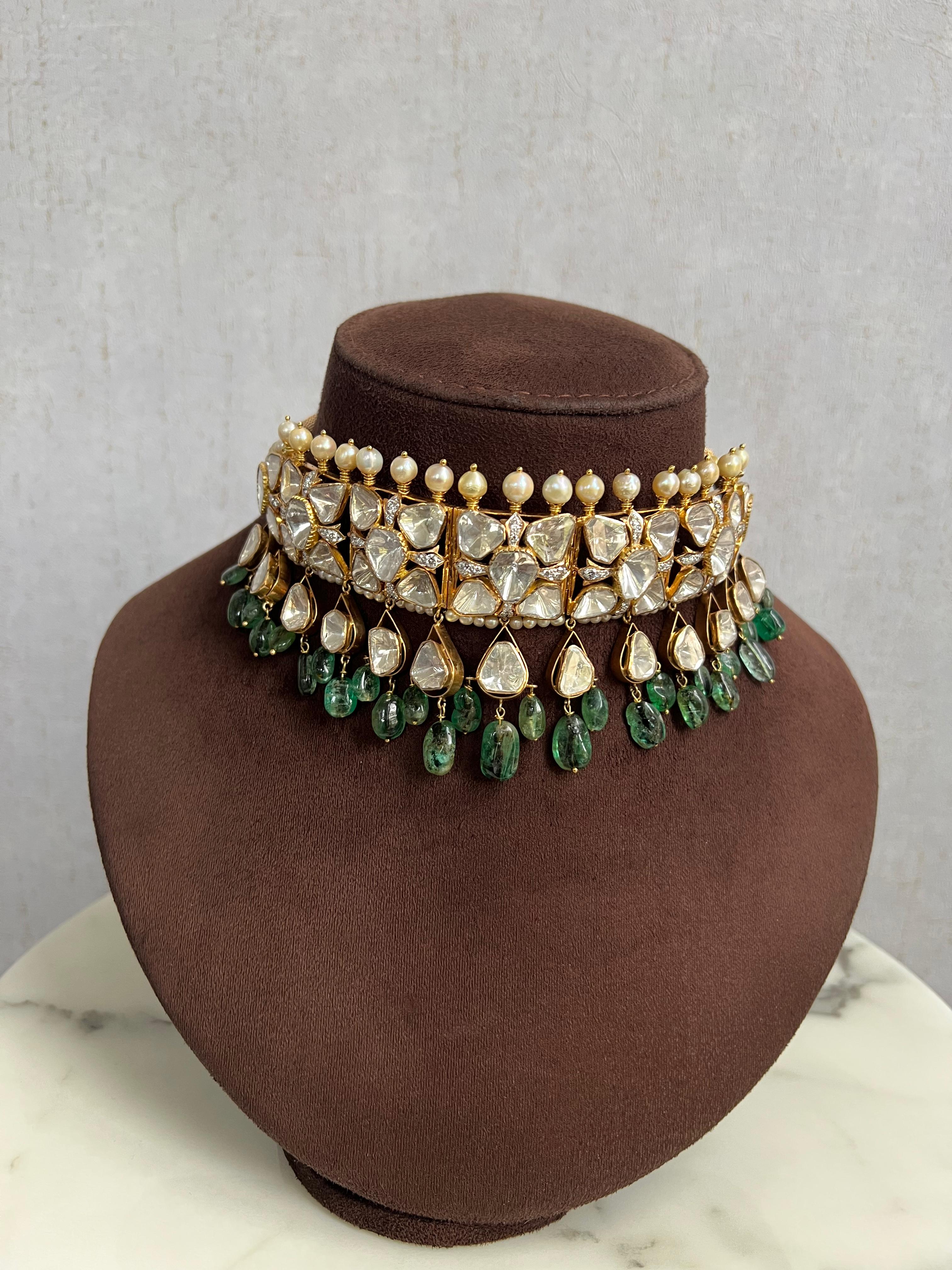 Classy Polki Choker with Emerald drops